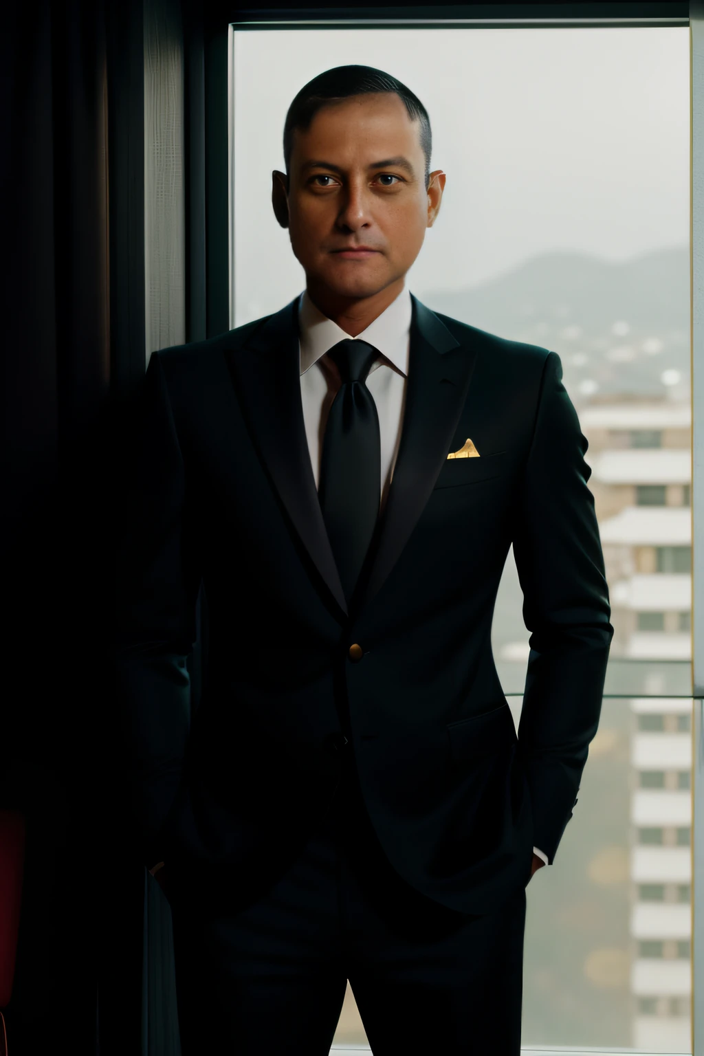 A full-length man leaning against a street window in a black Japanese business suit with gold accents staring out the window at dusk, intrincado, cinemactic, ultra realistic, hiper detalhado, 8k, gentle expressions, Beautiful, Estilo Greg Rutkowski e Borris Vallejo, (no watermark and signature), anatomia perfeita.