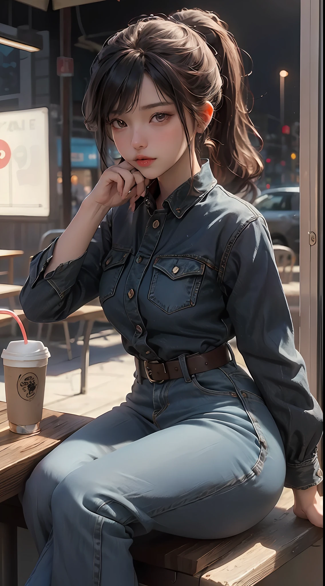 （（best qualtiy））， （（tmasterpiece））， （A detailed：1.4），Enhanced dynamic perspective，（beautiful sexy girl，pony tails，夏天，Denim long skirt，Sitting in a street coffee shop，drinking a coffee），（Lunette de soleil），Future sci-fi city street，Street photography，Bright colors，nighttime scene，high qulity，super-fine，Detailed pubic hair，Accurate，Cinematic lighting，