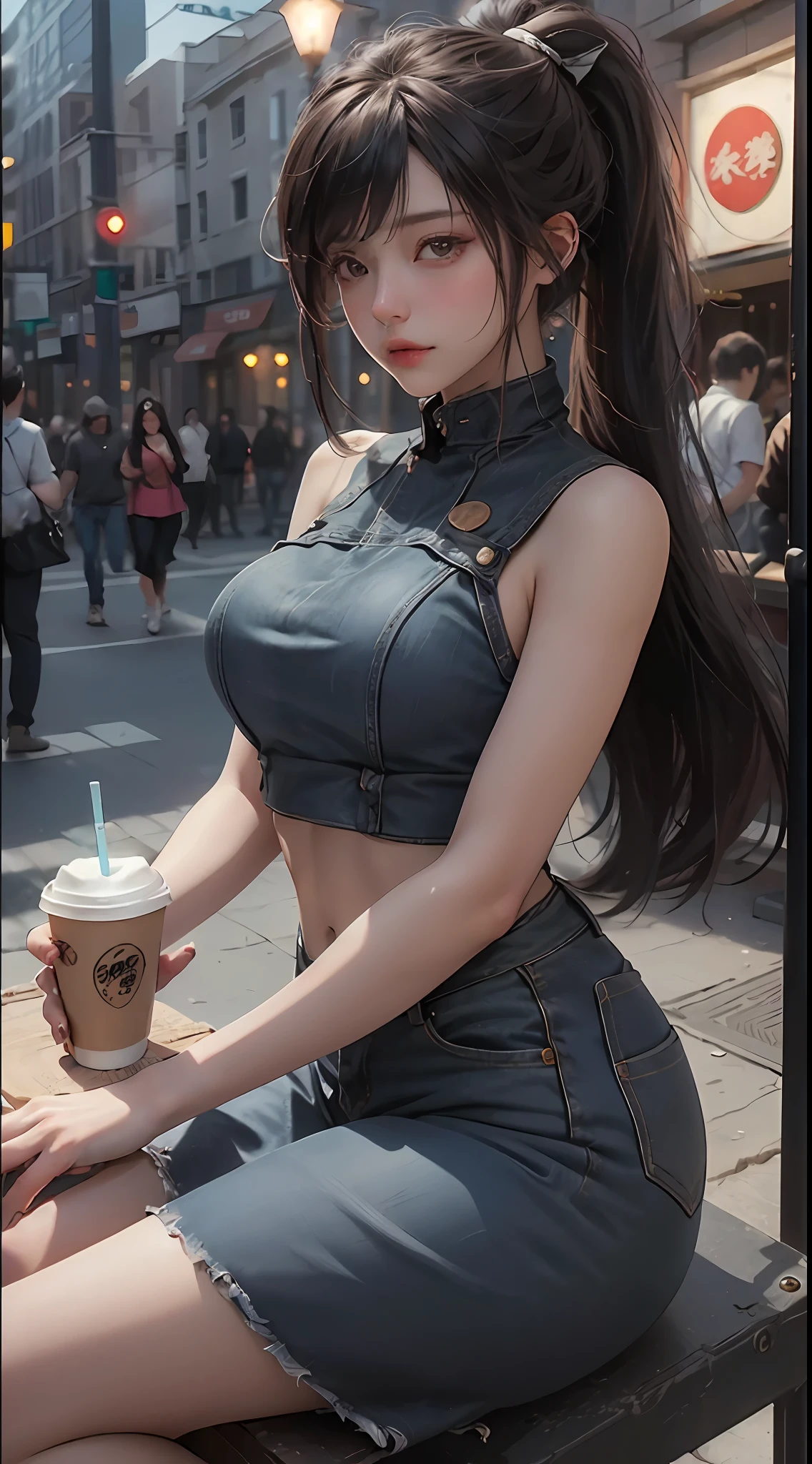 （（best qualtiy））， （（tmasterpiece））， （A detailed：1.4），Enhanced dynamic perspective，（beautiful sexy girl，pony tails，夏天，Denim long skirt，Sitting in a street coffee shop，drinking a coffee），（Lunette de soleil），Future sci-fi city street，Street photography，Bright colors，nighttime scene，high qulity，super-fine，Detailed pubic hair，Accurate，Cinematic lighting，