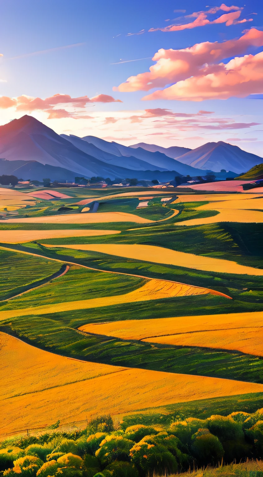 Uma paisagem campestre desenhada com detalhes impressionantes. The scenery shows a wide green field with several colorful flowers in the foreground. in sky, nuvens suaves criam um ambiente sereno e tranquilo. No centro da cena, o logotipo do canal "Sementes de Liberdade" aparece com letras elegantes, irradiando um brilho suave. --auto