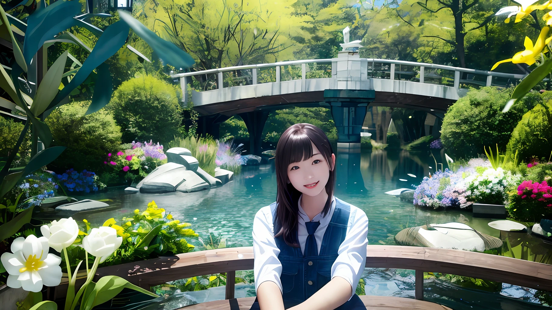 masterpiece、(Photorealsitic:1.4)、top-quality、beautiful lighting、(ulzzang-6500:0.5)、Makima \(chain saw man\)、(Bob hair)+(A dark-haired)+(bangss)、blue eyess、blue eyess、laugh、((Ring-shaped eyes))、RAW Photography、8k UHD、film grains、Beautiful pond surrounded by plants and flowers、Fish splash、veggies、hamburgers、drunkard、Expressionism、真实感、modern fine art、fish-eye lens、35mm、Canon、UHD、masterpiece、ccurate、super detailing、Award-winning、High Details、hight resolution、8K