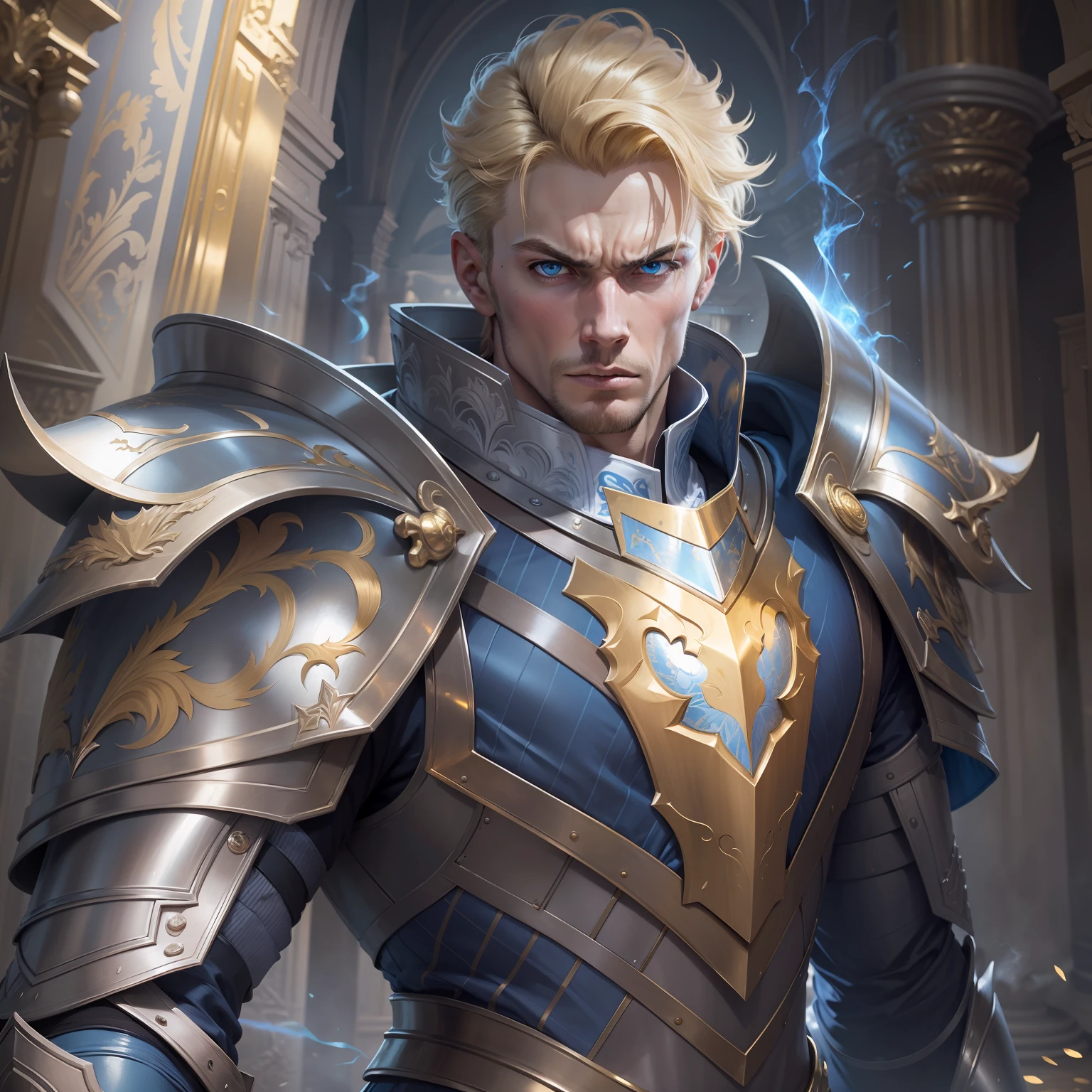 realistic image of a blond man with short hair, tall, strong, blue eyes and ultra-detailed, furious expression, dressed in a suit of silver armor and golden shoulder pads, standing in a wide hall of a palace, conjuring a blue aura around of your body