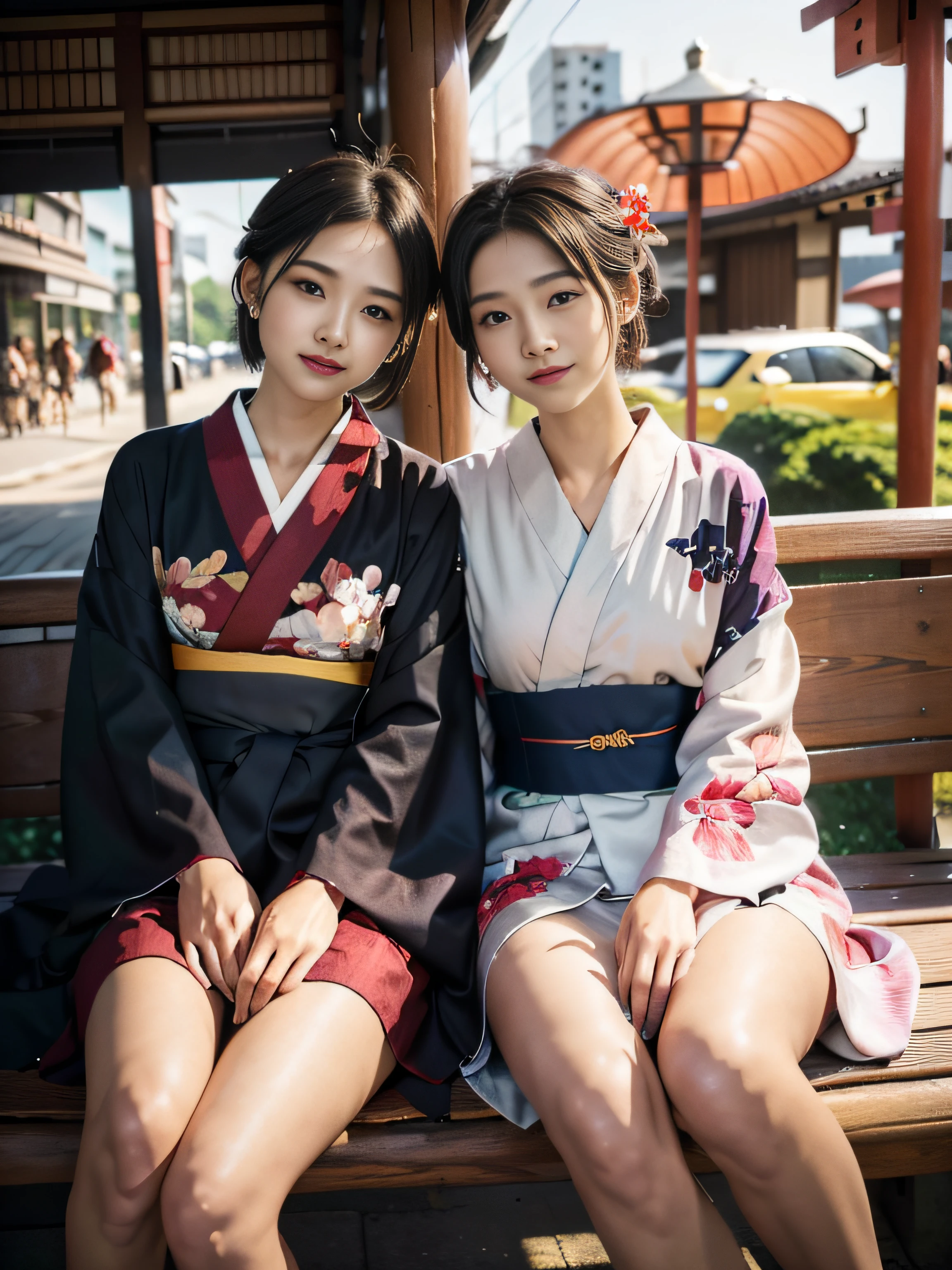 Two girls in kimonos sitting on a bench at a bus stop、yo, Snapshots, Traditional Japan formula, Wearing a kimono, Red kimono, yawns、Showing her white teeth and smiling at the camera with a cute smile、Japan summer yukata, red kimono with flower patterns, Wearing kimono, A Japanese style, A Japanese Lady, Wearing a kimono, Street,Under the streetlight,Streetlight, Black Shorthair, in a kimono, Komono, Japanese Models, Thin leg,skinny thigh,goddess of Japan,