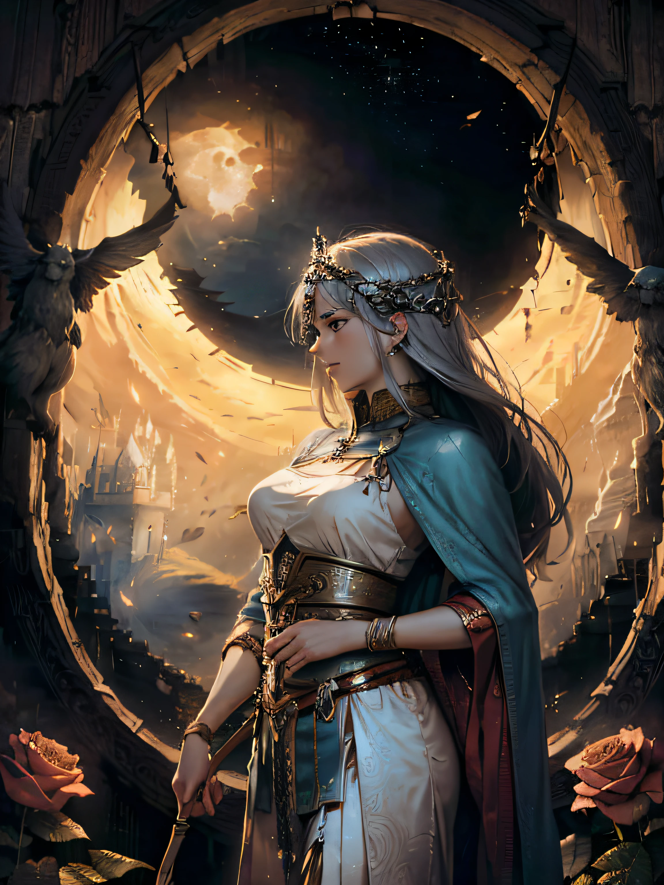 Moonlight sprinkles on the goddess of hunting，She stood in the middle of the night，holding a bow and arrow in his hands，The oversized bright moon illuminated her figure。She exudes divine majesty，Mysterious and cold，Behind you is a magnificent palace。The goddess's cheek was slightly scratched, There is a hint of scarring，Like the female warrior in Norse mythology。The rose garden and sanctuary set off her majesty。Super HD，Face HD。Silver lines，noble， Expensive