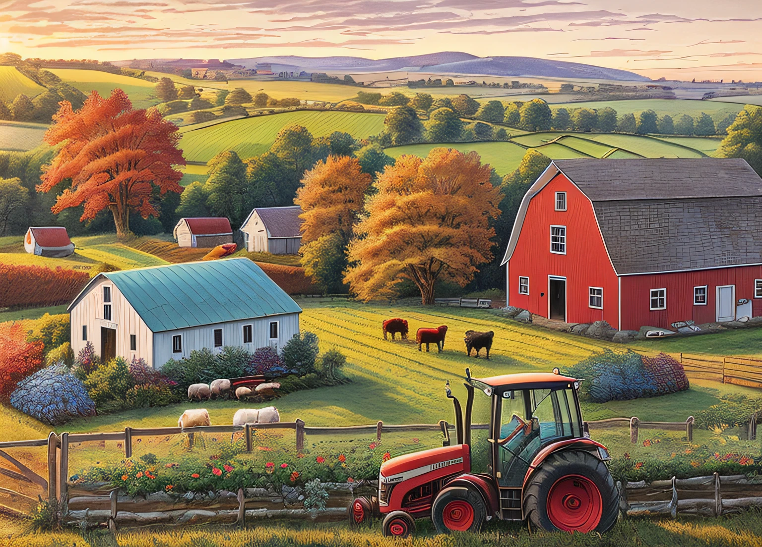 high quality comic of a farm with a tractor and farm buildings, rural splendor, country landscape, scenery artwork, scenery art detailed, countryside city scene, beautiful high resolution, colorful scene, next to a red barn, detailed scenery —width 672, rich picturesque colors, next to a farm house and a barn by artist john sloane
