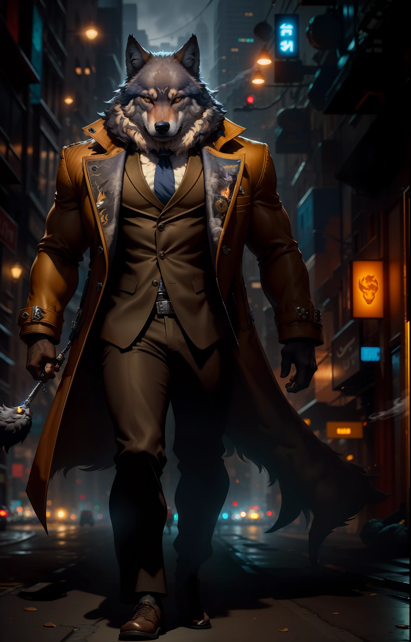 Masterpiece, (Ultra Detailed), (Animal Anthropomorphism), Gangster Theme, Wolf, Handsome, Trench Coat, Dim Lights, Smoke, Shadow, Corrupt Cityscape, Highest Quality, Single Focus, (skimming: 1.1), Muscle Man, Full Body, Intricate (High Detail: 1.1) Unreal Engine.