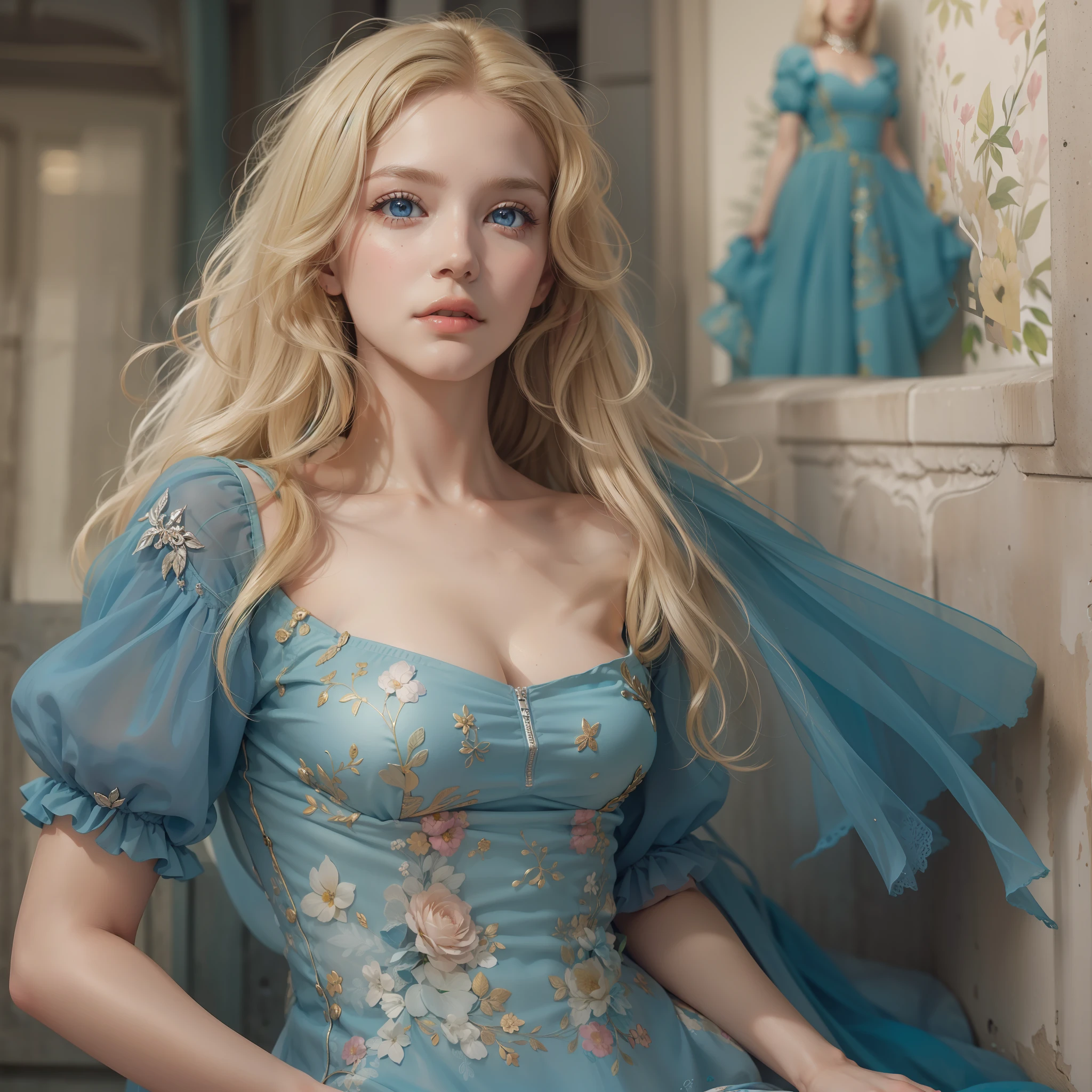 "(((obra-prima))), melhor qualidade, ultra-detallhado, High resolution CG image with a beautiful blonde woman with bright blue eyes, retratados em detalhes fascinantes. His delicate body is accurately represented at every angle. Ela possui longos cabelos loiros que caem suavemente sobre seu vestido vitoriano, The upper part of his body is sculpted to perfection. "