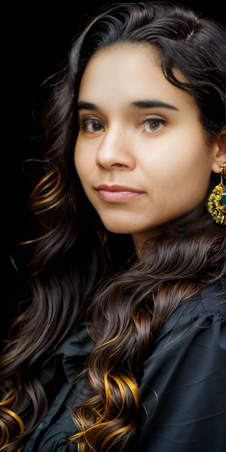 (8k, RAW photo, highest quality), one angelic 21 year old woman with long curly hair and a black background is looking at the camera with a serious look on her face, chubby, (sparkling heterochromia eyes:1.2), (Pretty latino girl, african mixed), (black skin woman)++, Chinwe Chukwuogo-Roy, portrait photography, defined facial features, studio portrait, a portrait, american barbizon school, vsco, age 20, European model, (8k UHD:1.1), (film grain:1.1), (raw photo:1.1), full resolution, highly detailed skin, detailed hair, dslr, sharp focus, high definition, high quality photography, intricate