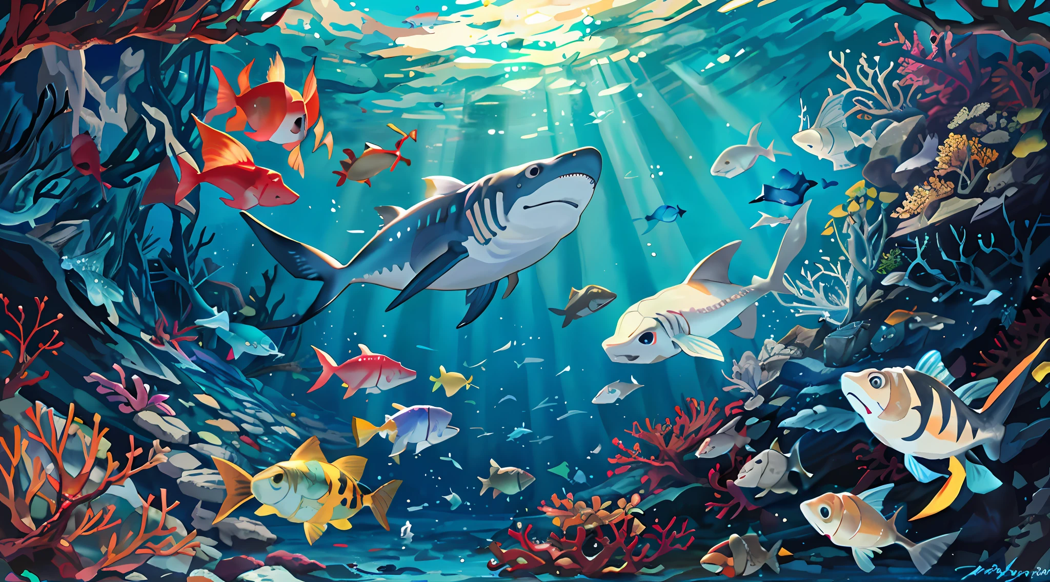 Floresta marinha, corais, various fish, white sharks, lanternfish, peixes pequenos, peixes marinhos