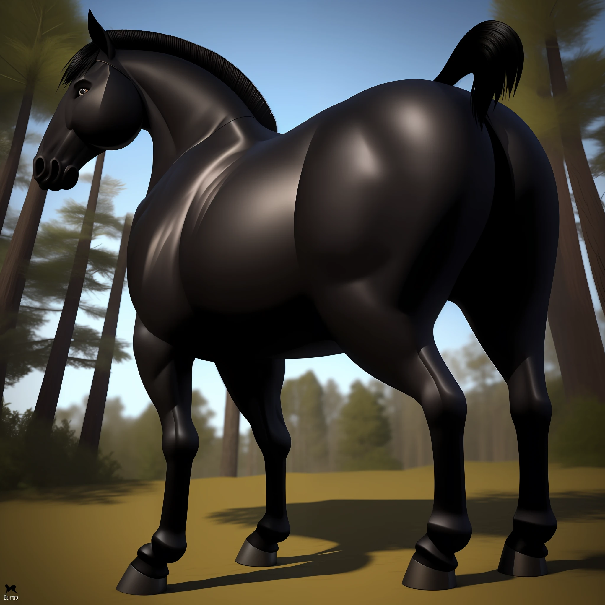 Black stallion horse, bunda grande, perspectiva do bumbum, bumbum bonito,macho, no meio do forest,cabelos pretos longos, olhos verdes , Arte peluda,3d render realista, fotografia