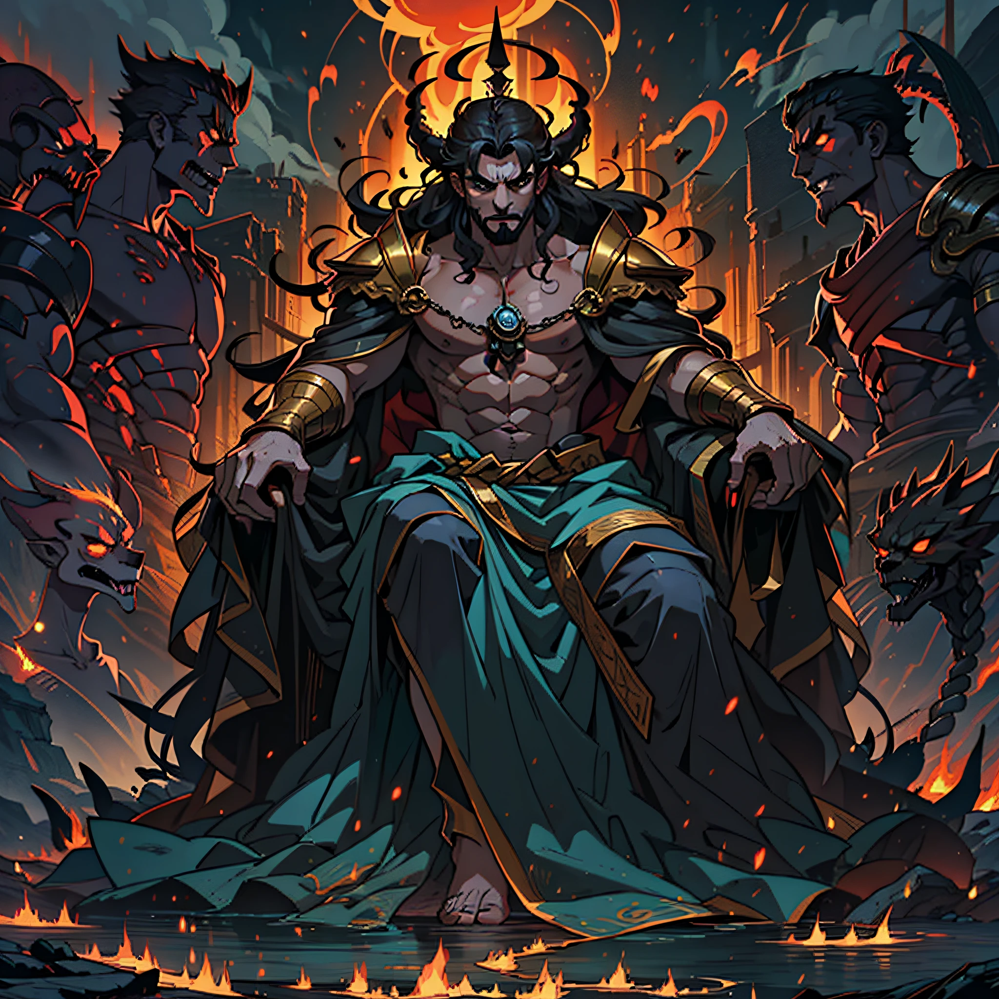 Hades, The Lord of the dark and ruthless kingdom, emerges from the depths of the underworld with a majestic and imposing presence. Your hair is a spectacle of greatness, longos e ondulados, like an ebony waterfall, who seem to absorb the very darkness of the kingdom they rule. Each thread is a veil of shadows, envolvendo seu semblante com uma aura misteriosa. Sua barba, selvagem e exuberante, it's like a sea of intense flames. Ela arde em tons de vermelho e laranja, como o fogo que consome a alma dos mortais. Each flame that dances in her facial hair tells ancient stories and deep secrets of the underworld, emanating a sinister and enigmatic warmth. O olhar de Hades, sobrancelhas densas e penetrantes, radiates dark wisdom and unquestionable authority. Seus olhos, profundos como os abismos mais negros, They reflect the hardships of countless souls who have passed His judgment. Um brilho sutil, como o fogo eterno que arde em seu reino, burning in your irises, Revealing His Divine Nature and Unparalleled Power. Vestido em trajes escuros e imponentes, Hades is a feared and revered figure. An ebony crown adorns his head, representing his dominion over darkness and death. Sua vestimenta, tecida a partir das sombras da noite, wraps around her body with dark elegance, revelando sua nobreza divina e seu papel como governante dos mortos. The presence of Hades is marked by an austere and solemn air. Cada gesto, every word that emanates from his lips, ressoa com a autoridade de um deus supremo. Its bearing is majestic and unchanging, as if he were an unshakable pillar in the heart of the underworld. Hades, com seus cabelos grandes e barba de fogo, personifies the strength and mystery of the realm of the dead. His magnificent and gloomy appearance inspires fear and respect in all those who cross his path. He reigns over the darkness with a cold serenity and impartial justice, reminding everyone that death is an inevitable and necessary part of the cycle of life;.