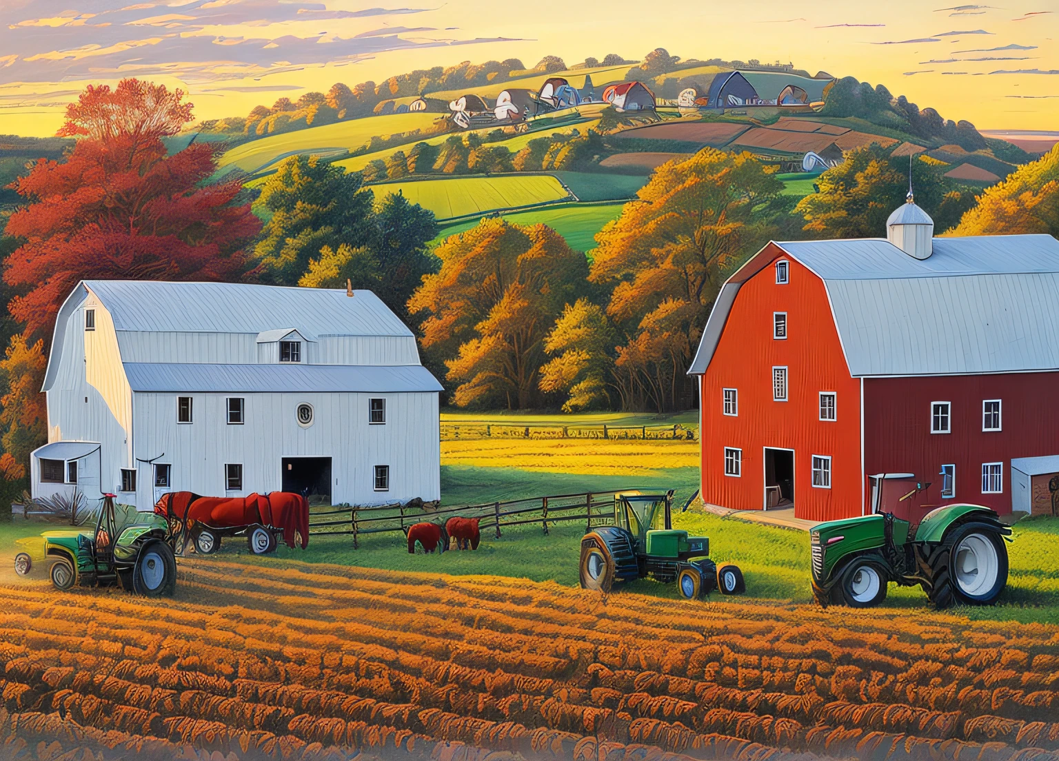 high quality comic of a farm with a tractor and farm buildings, rural splendor, country landscape, scenery artwork, scenery art detailed, countryside city scene, beautiful high resolution, colorful scene, next to a red barn, detailed scenery —width 672, rich picturesque colors, next to a farm house and a barn by artist john sloane