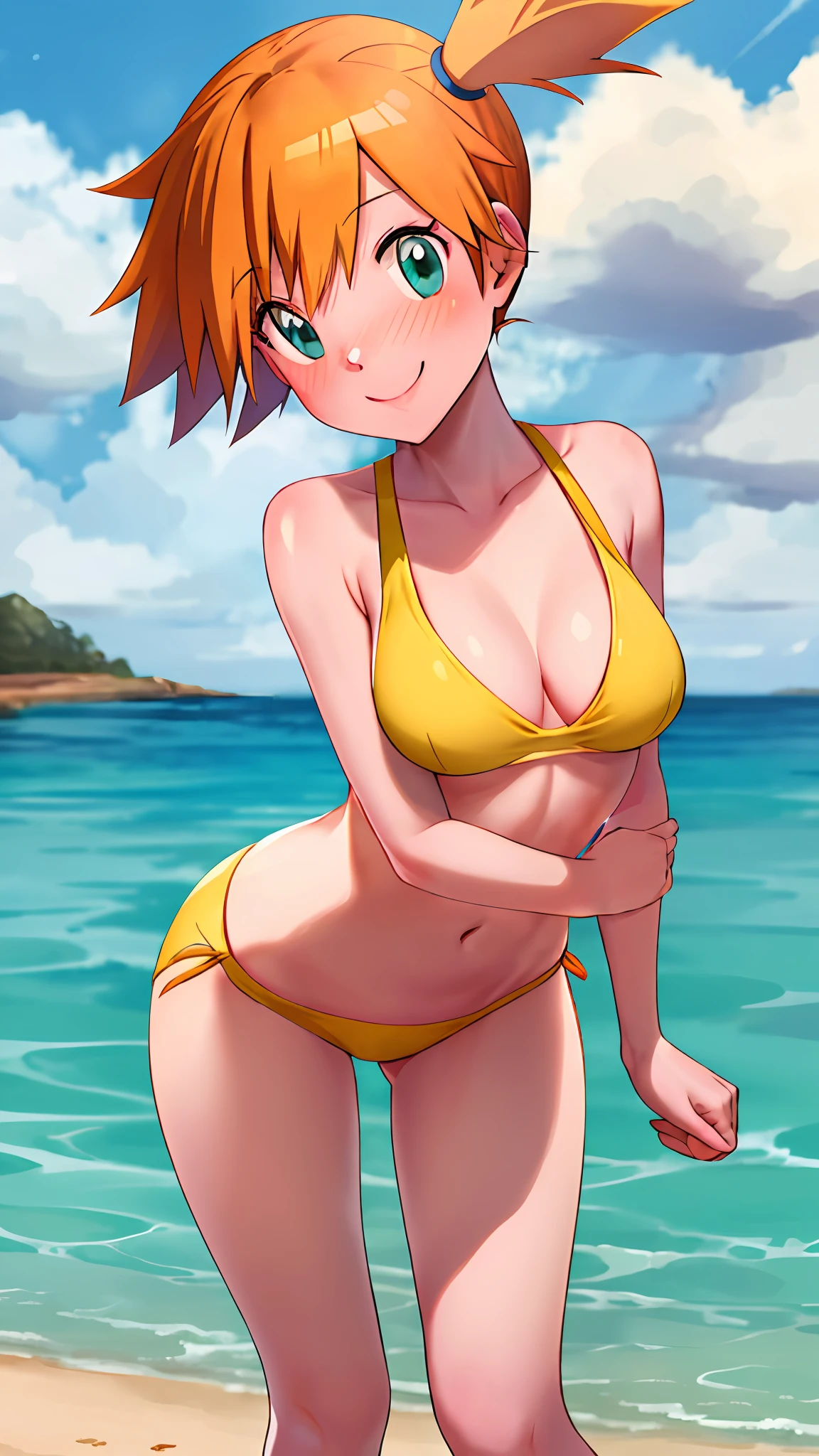 ​masterpiece, top-quality, Hi-Res, 1girl, Misty (A pokémon), orange color hair, 独奏, Yellow Bikini, side poneyTail, orange color hair, a navel, shorth hair, a smile, cowboy  shot, all-fours, Kamimei, red blush, the beach