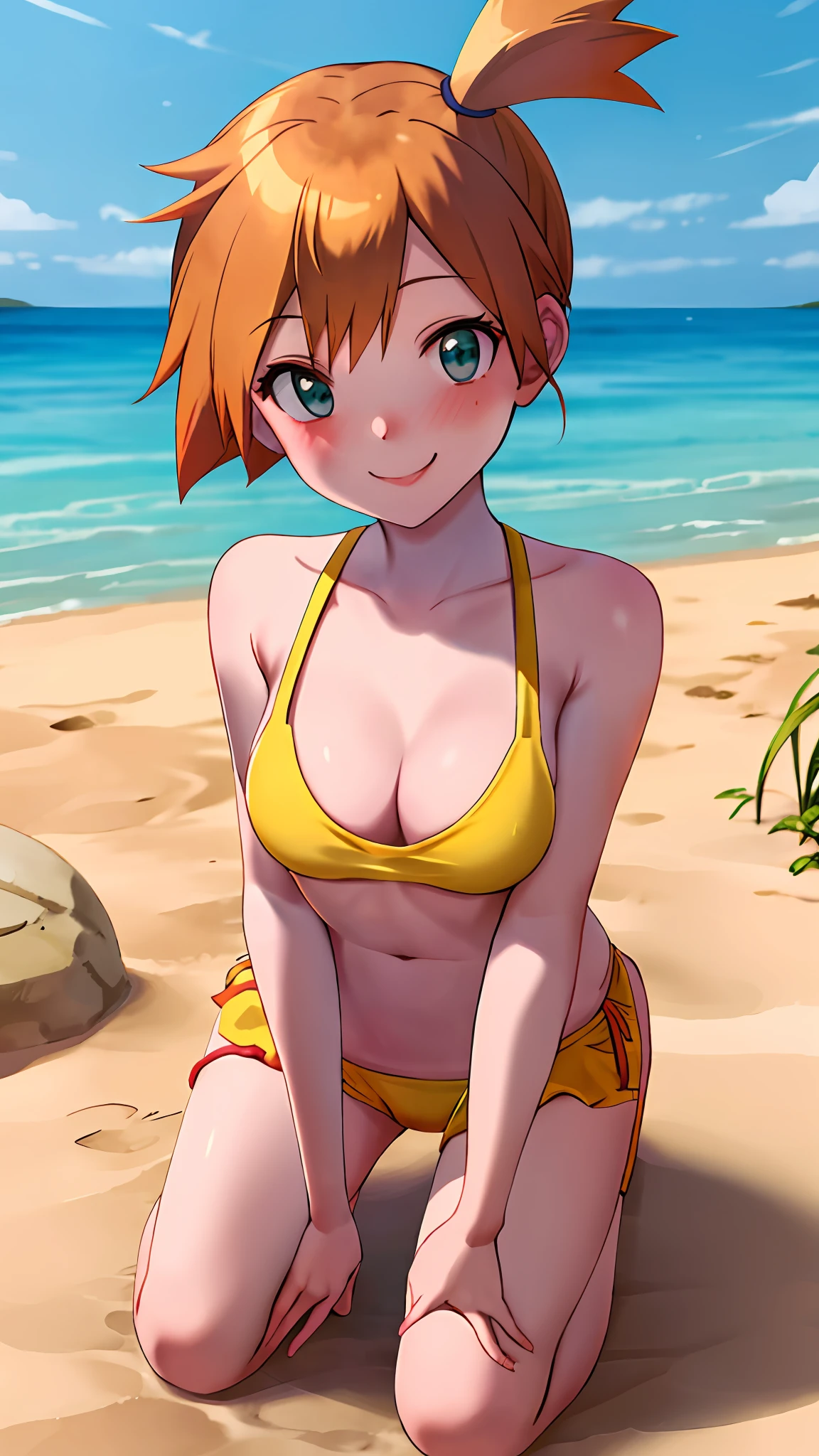 ​masterpiece, top-quality, Hi-Res, 1girl, Misty (A pokémon), orange color hair, 独奏, Yellow Bikini, side poneyTail, orange color hair, a navel, shorth hair, a smile, cowboy  shot, all-fours, Kamimei, red blush, the beach