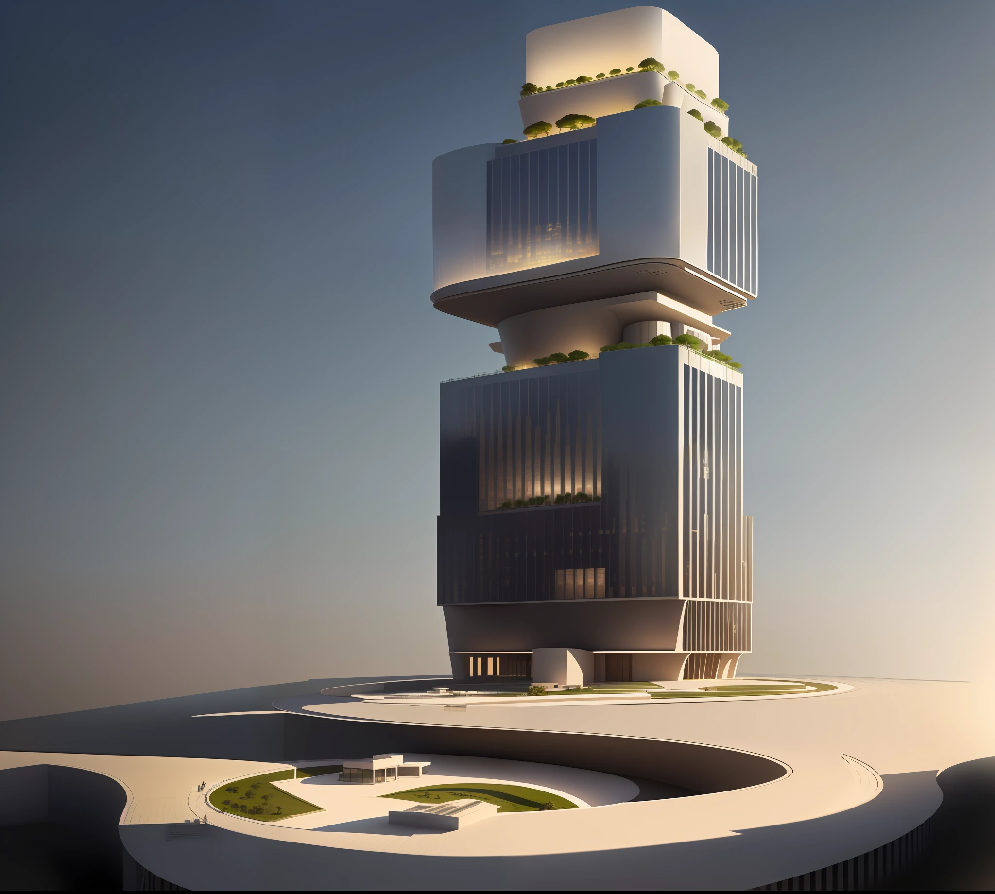 an architectural design rendering of a tall building with a LED screen on top, Located in Lusail Qatar Designed by Norman Foster, multistory building, realistic architecture, an extremely detailed Vrey rendering building,