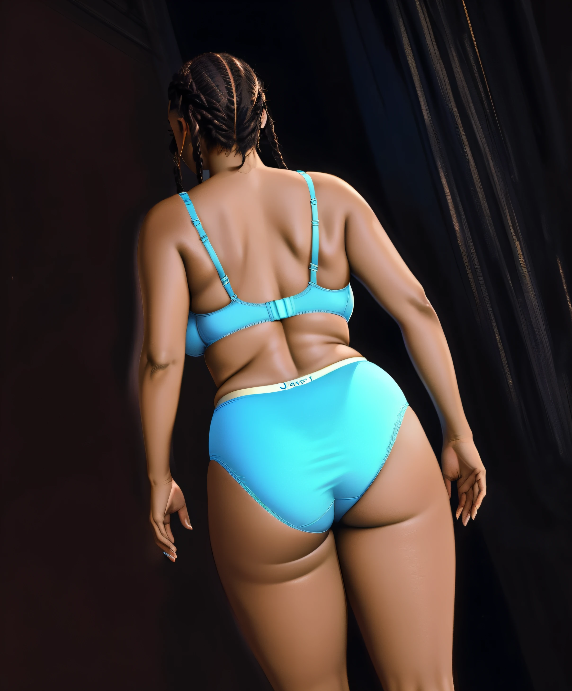 ((masterpiece, best quality)), (Curvy Black woman with cornrows in blue french cut jockey panties), blue bra, in a theater, high-leg briefs, realistic art style, intricate details