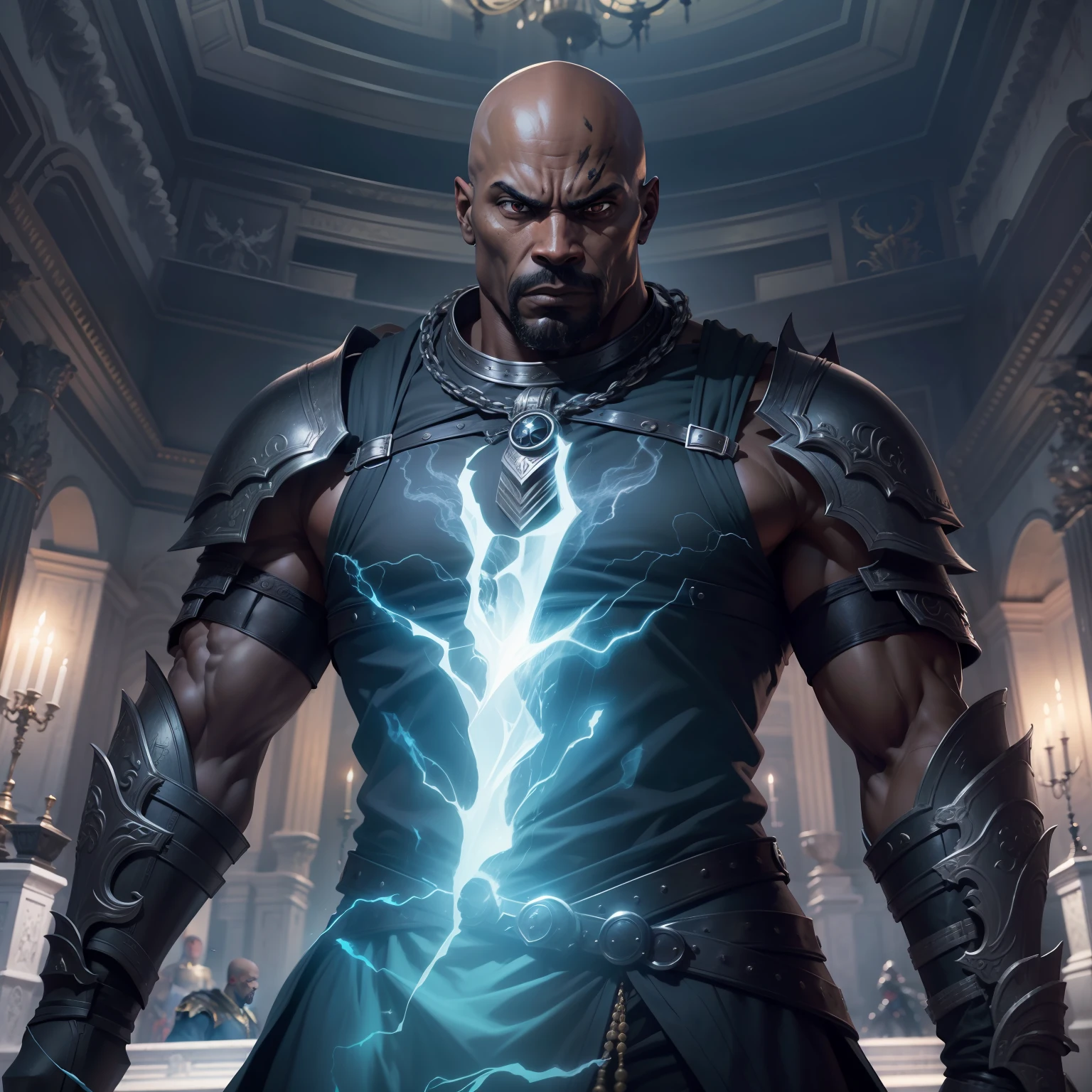 realistic image of a bald black man, 40 years old, tall and strong, ultra detailed black eyes, angry expression, dressed in black RPG warrior attire and with silver shoulder pads, standing in a palace hall, conjuring a blue aura around of the body