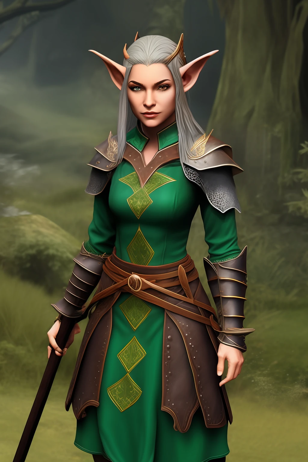 A female genasi half-elf druid, with dark skin gray matalic, olhos cor de rubi e cabelos cinza prateados. Whipped leather armor with water green dress and staff