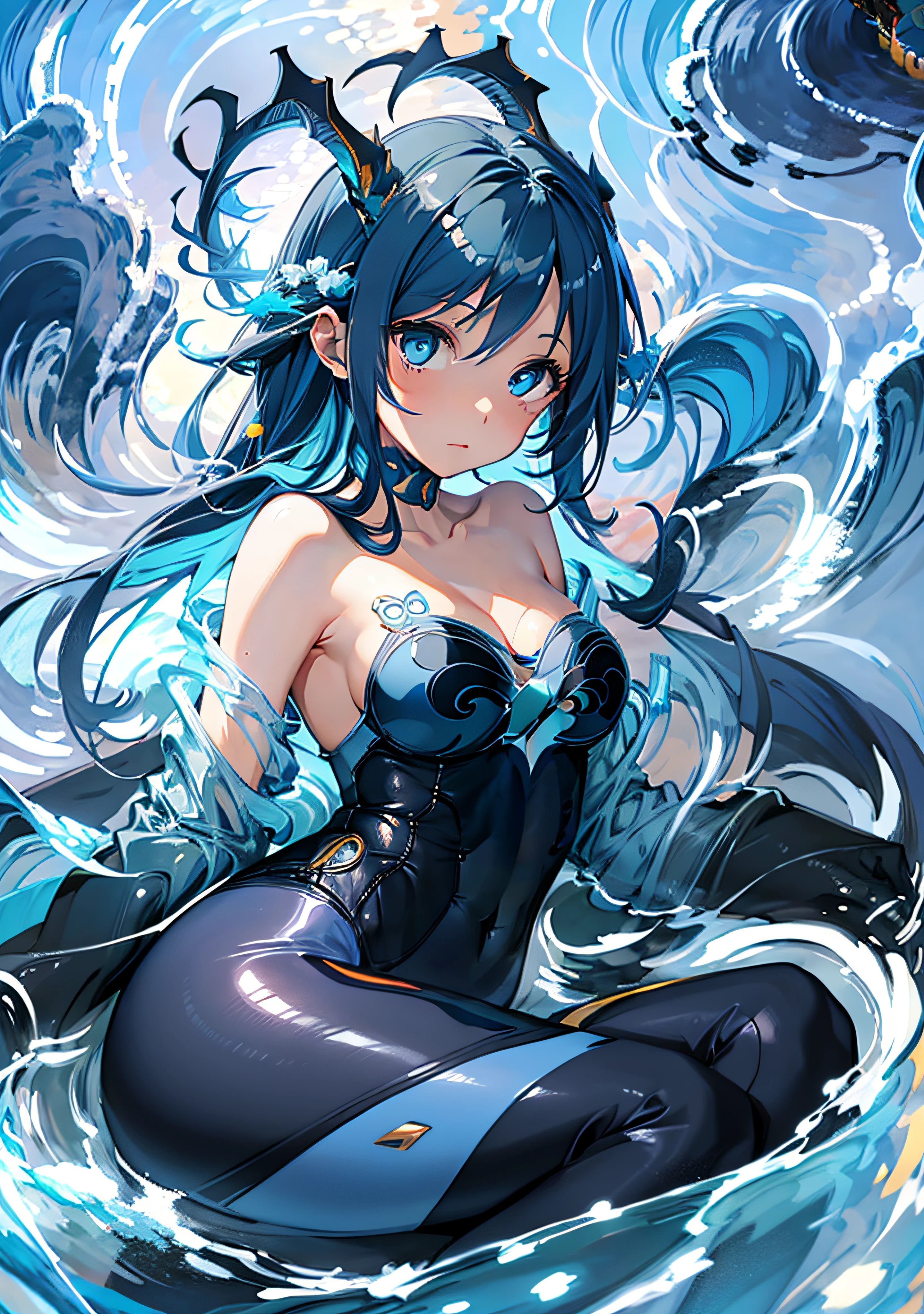 Best Quality, anime illustration, Digital Painting, Bonanus, lying, 1girl, long blue hair, Horns, blue eyes, Bodysuit, bare shoulders, cleavage, finely detailed background, amazing background, big eyes, quiet look, under water, skinny body, little chest, Blue hair, ((leggins)), ((pantyhouse))