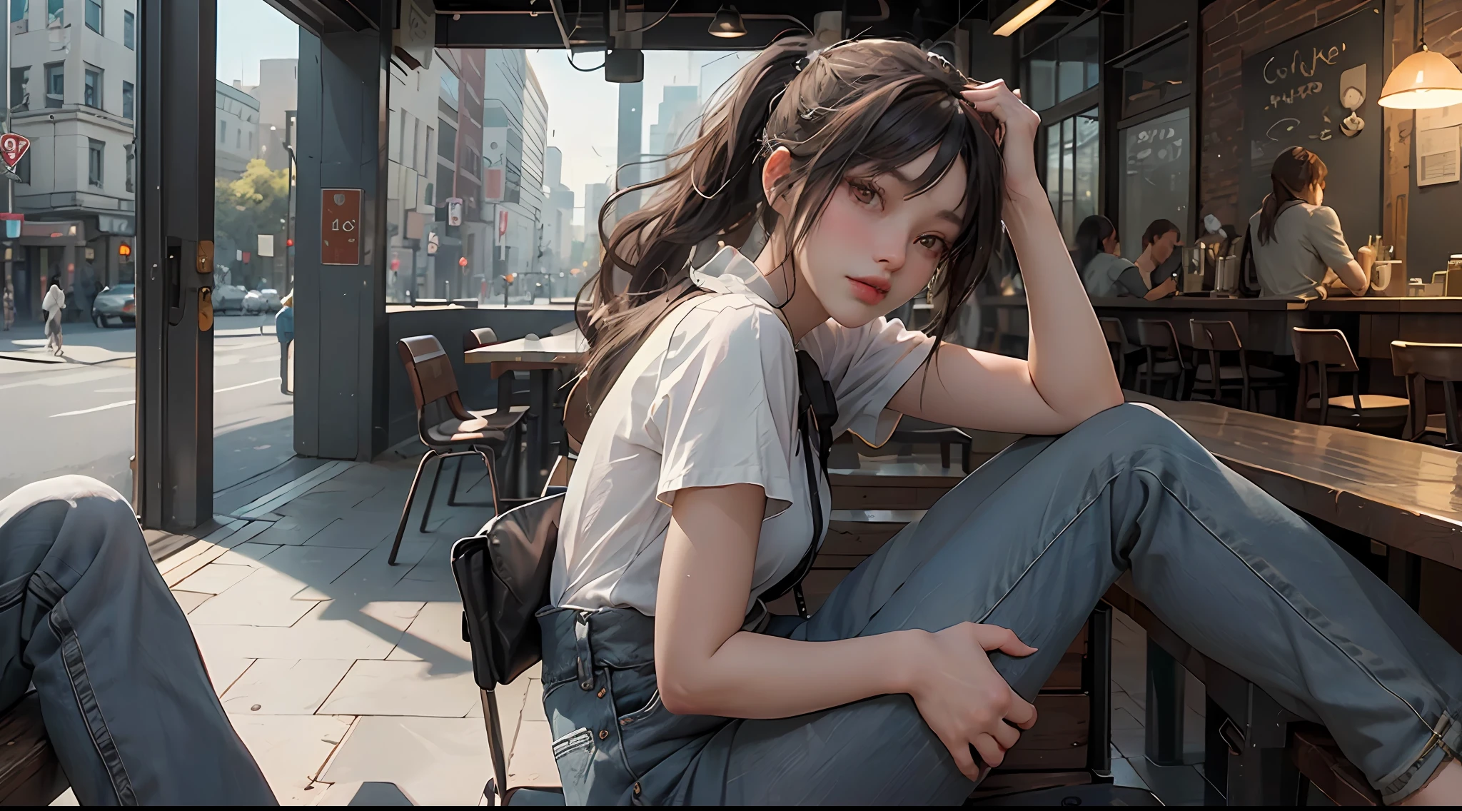 ((best qualtiy)), ((tmasterpiece)), (A detailed:1.4),Enhanced dynamic perspective,(beautiful sexy girl,pony tails,夏天,Denim long skirt,Sitting in a street coffee shop,drinking a coffee),(Lunette de soleil),Future sci-fi city street,Street photography,Bright colors,nighttime scene,high qulity,super-fine,Detailed pubic hair,Accurate,Cinematic lighting,