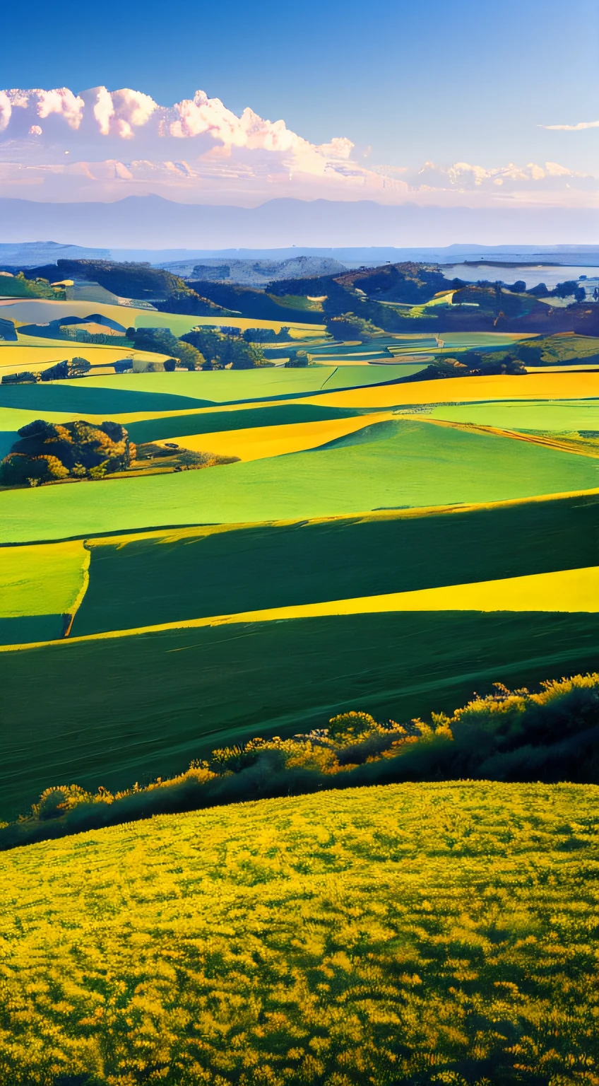 Uma paisagem campestre desenhada com detalhes impressionantes. The scenery shows a wide green field with several colorful flowers in the foreground. in sky, nuvens suaves criam um ambiente sereno e tranquilo. No centro da cena, o logotipo do canal "Sementes de Liberdade" aparece com letras elegantes, irradiando um brilho suave. --auto