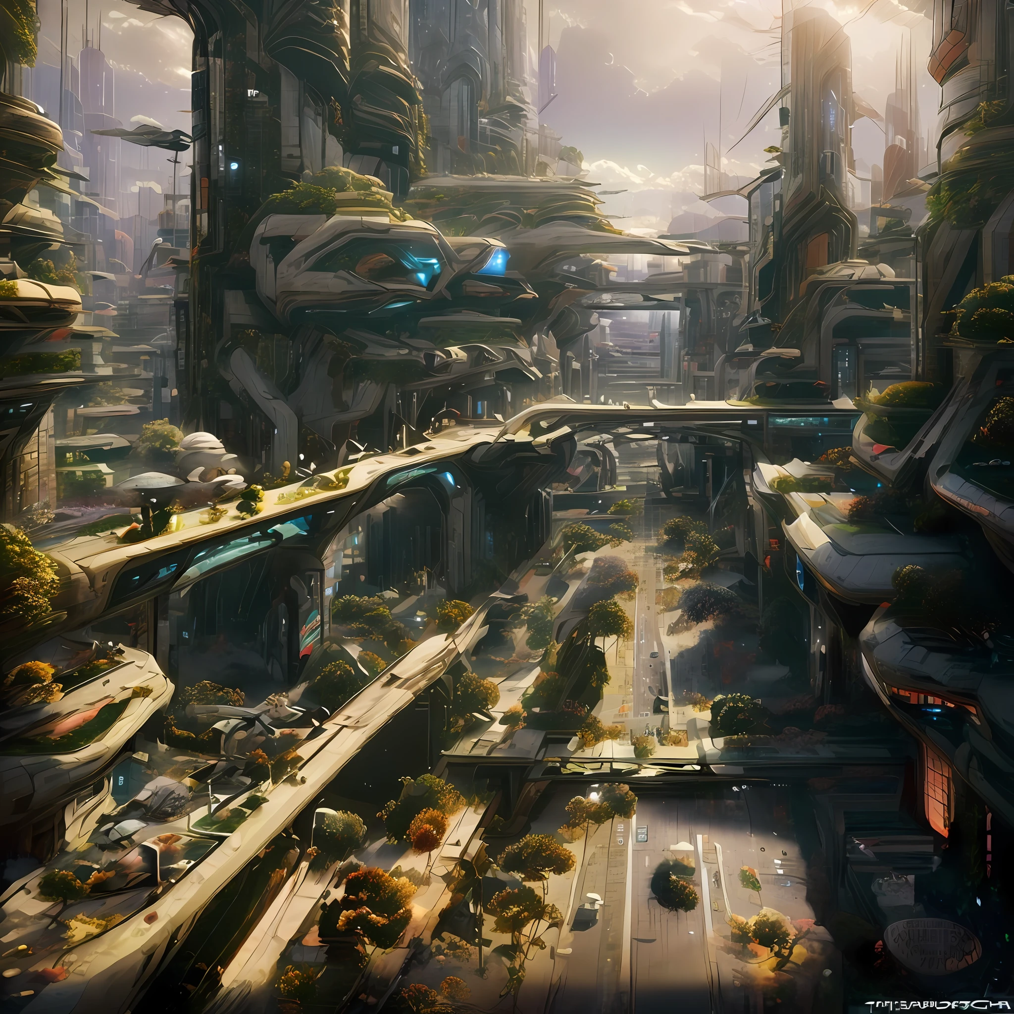 Dozens of hillside houses, treehouses, landscape from distance, golden hour, rain, monorail, tram, cyberpunk, lakeside, riverside, bridges, San Francisco, Seattle, Portland, Rio de Janeiro, New York city, studio ghibli, Lovecraft, serene, extremely detailed, masterpiece, solar punk, lights reflecting in water, river, canal, ponds