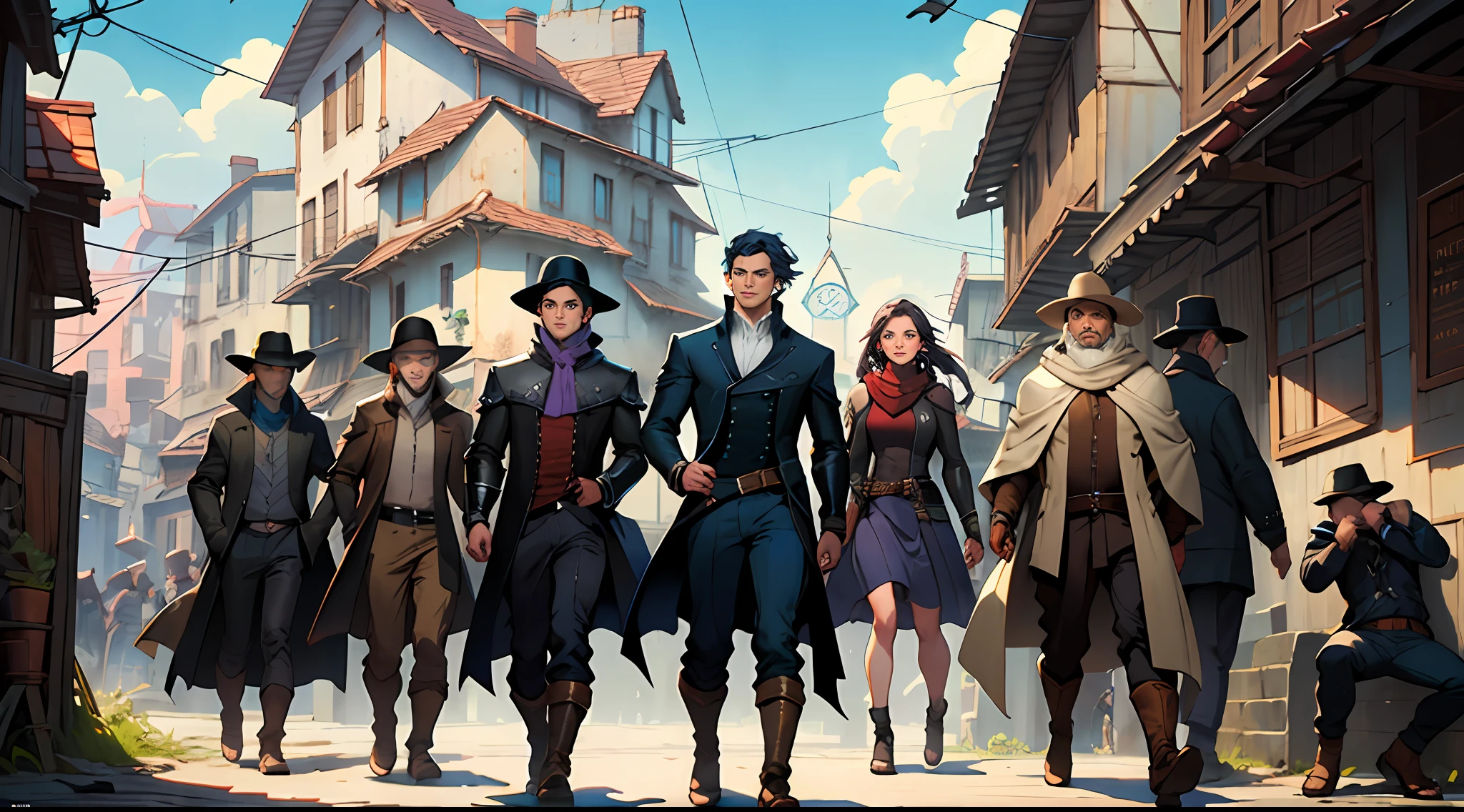 There were a lot of people standing in the street，In the background is a clock tower, medieval fantasy game art, key art, promotional art, mistborn, game key art, author：Jacob Sikannede, tom bagshaw weta studio, james gurney and andreas rocha, inspired by Jakub Schikaneder, steel inquisitor from mistborn, painted by andreas rocha