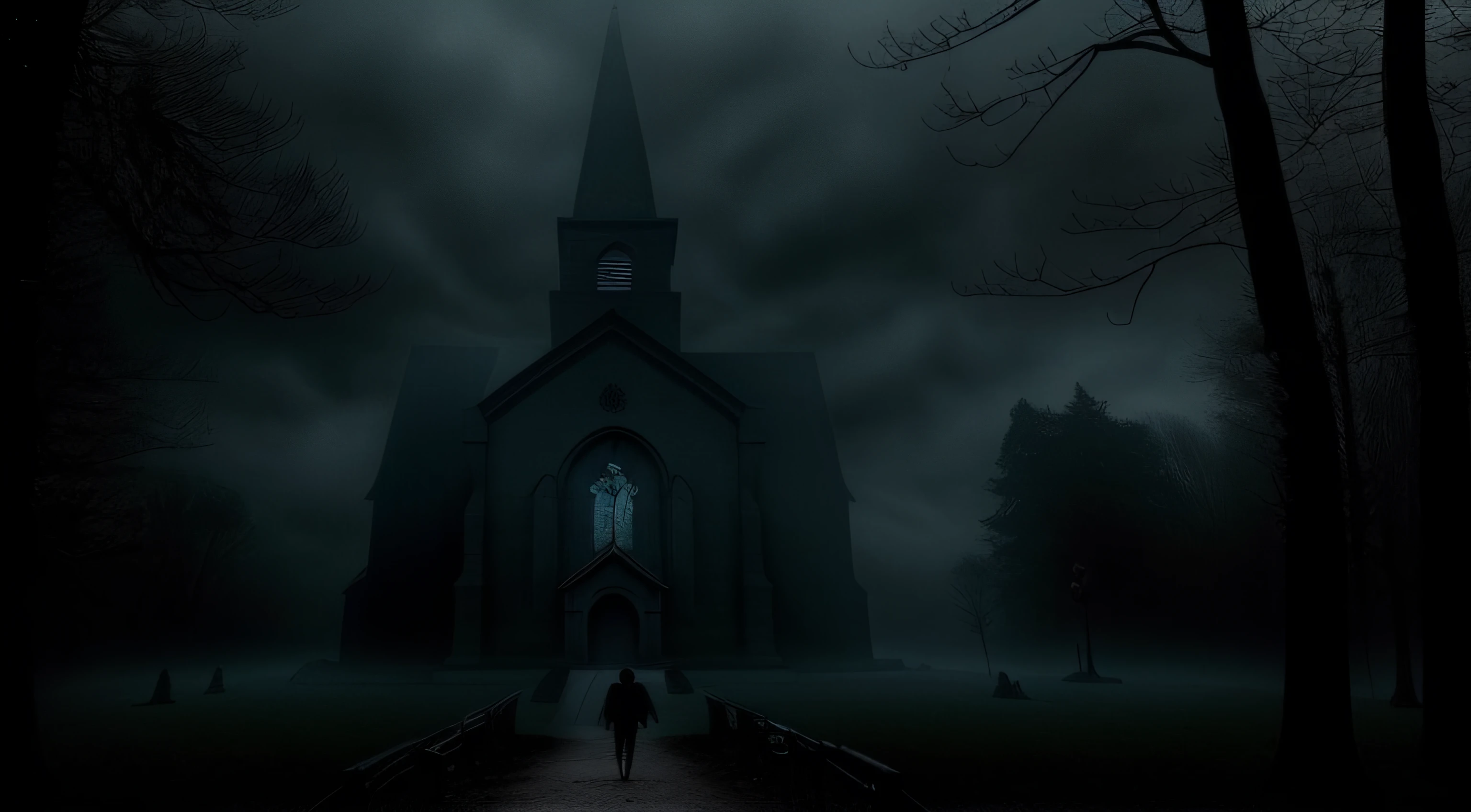 Image of a person walking in front of a church at night, igreja escura e sombria, gothic church background, Gothic fog, Gothic ambiance, Gothic fog environment, gorgeous with sinister vibes, Escuro, atmosfera assombrosa, atmosfera estranha, imagem assustadora espiritual, atmosfera de fantasia sombria, Sombrio e misterioso, humor estranho, creepy and dramatic atmosphere, dark and gothic