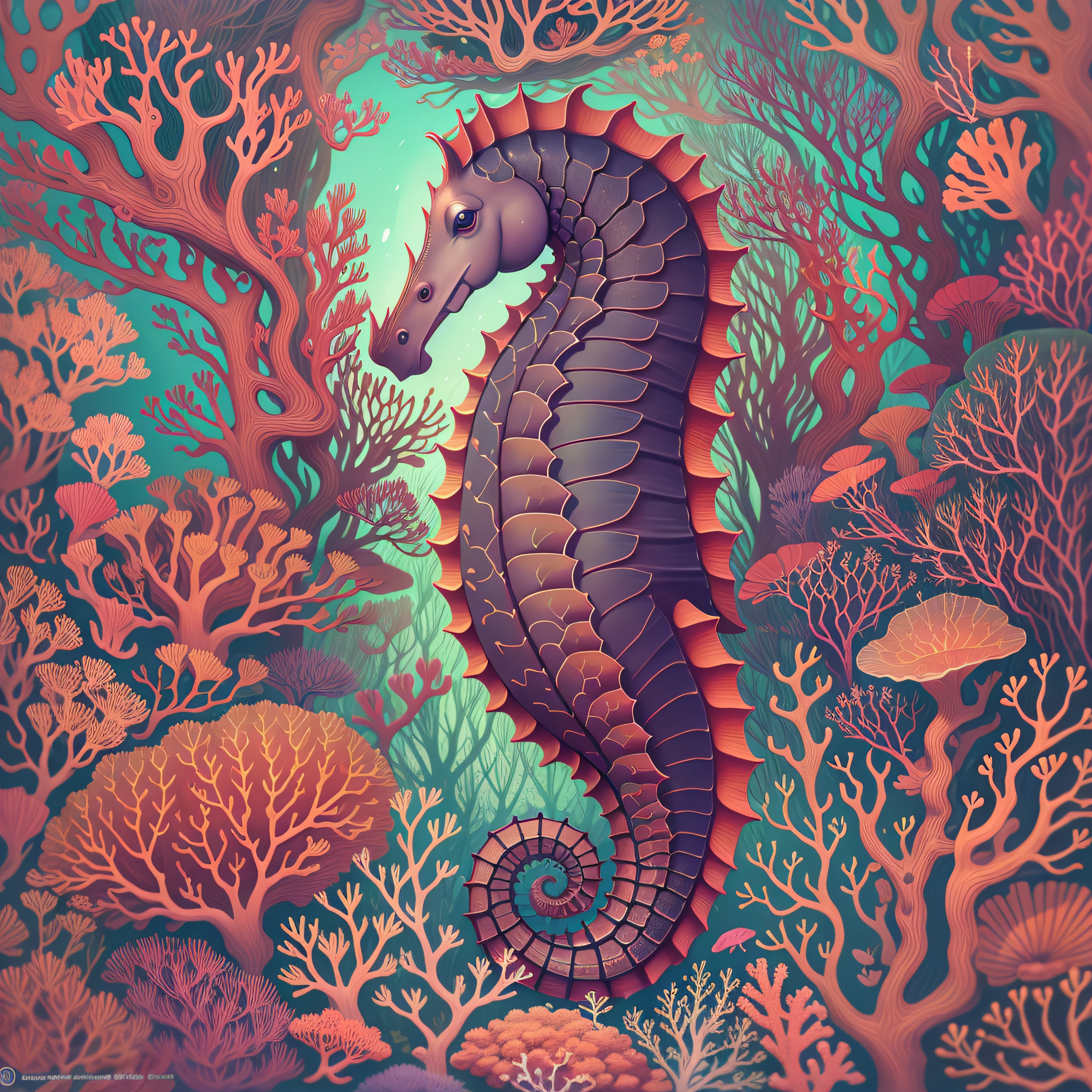 A seahorse in a colorful coral garden with intricate detailing