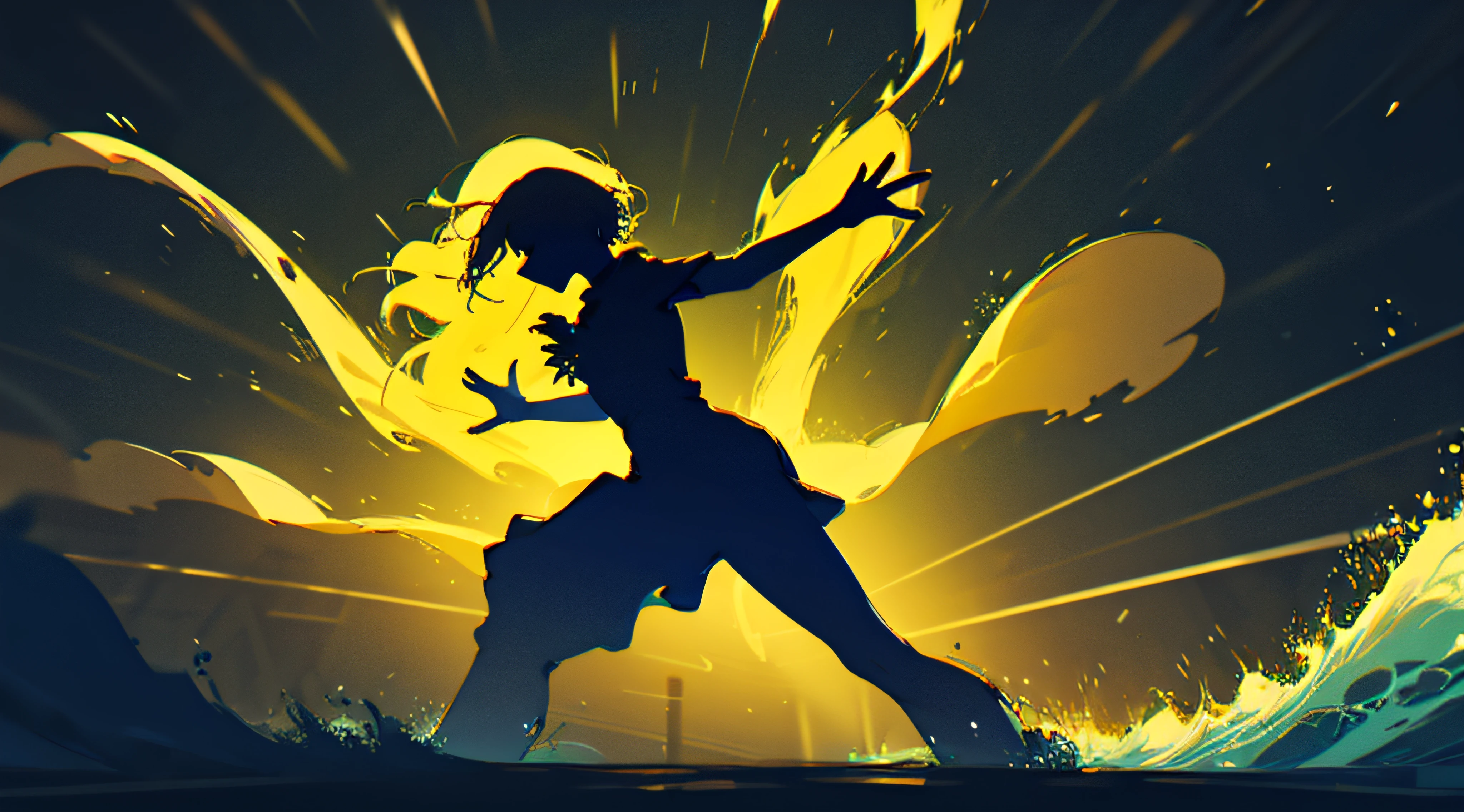 une silhouette dune femme. brillant, Bright colors represent the energy of sound waves pulsating around the silhouette. Les tourbillons et les courbes symbolisent le rythme et le mouvement de la musique. The silhouette is depicted in a dynamic pose, reflecting the passion and expression of the musical performance. La peinture capture la fusion harmonieuse de la musique et du mouvement, inviting viewers to feel the power and emotion of the sound