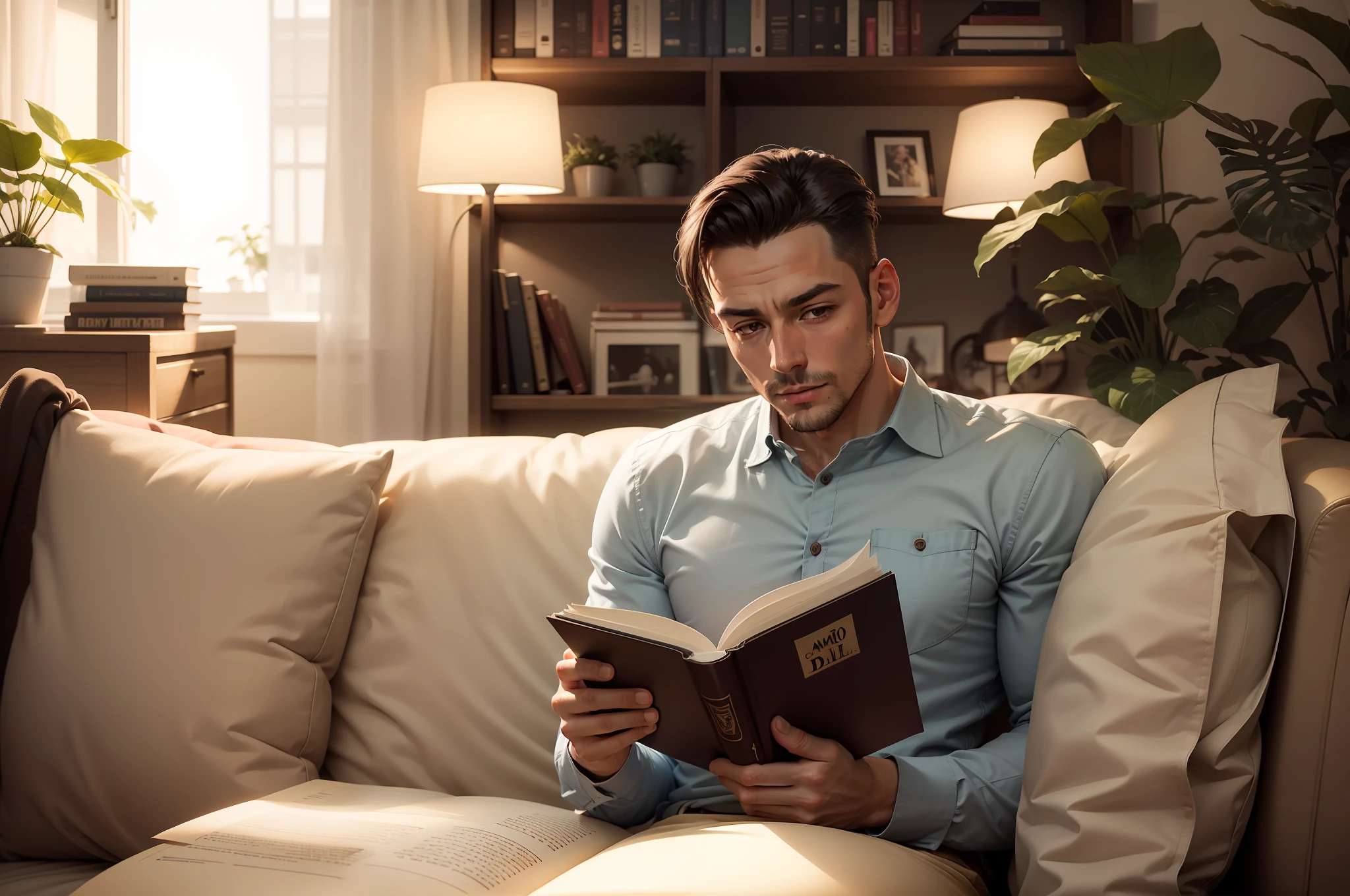 Homen lendo livro, camisa branca, camisa folgada, camisa de ficar em casa, olhando pro livro, comfortable shirt, camisa branca ,4k, melhor qualidade, ultra detalhado, iluminado pela luz do sol, ambiente claro, Morning light, sol batendo no livro, sol do meio dia,quarto bem organizado, ambiente claro, sofa branco, olhando para o livro,