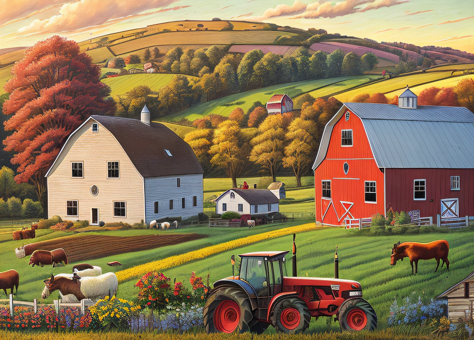 high quality comic of a farm with a tractor and farm buildings, rural splendor, country landscape, scenery artwork, scenery art detailed, countryside city scene, beautiful high resolution, colorful scene, next to a red barn, detailed scenery —width 672, rich picturesque colors, next to a farm house and a barn by artist john sloane