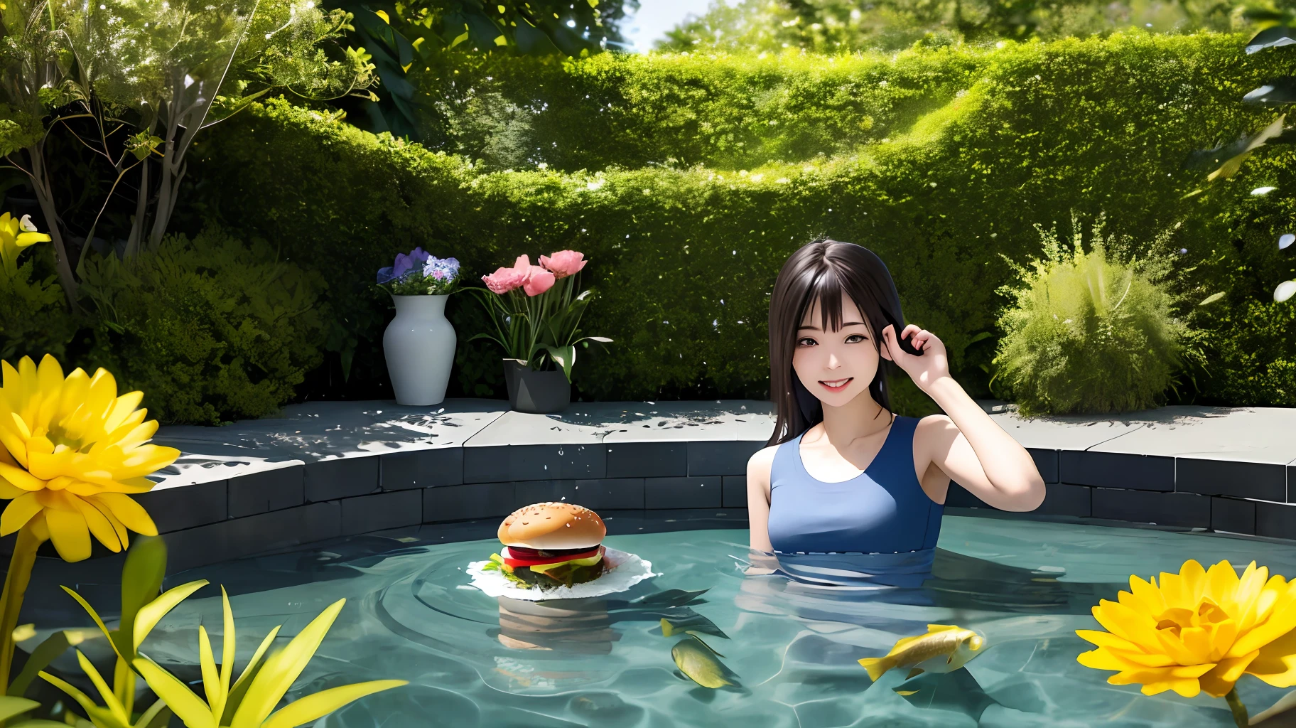 ​masterpiece、(Photorealsitic:1.4)、top-quality、beautiful  lighting、(ulzzang-6500:0.5)、Makima \(chain saw man\)、(Bob hair)+(A dark-haired)+(bangss)、blue eyess、blue eyess、laugh、((Ring-shaped eyes))、RAW Photography、8k UHD、film grains、Beautiful pond surrounded by plants and flowers、Fish splash、Big burger、Big cola、drunkard、Expressionism、真实感、modern fine art、fish-eye lens、35mm、Canon、UHD、​masterpiece、ccurate、super detailing、Award-winning、High Details、hight resolution、8K