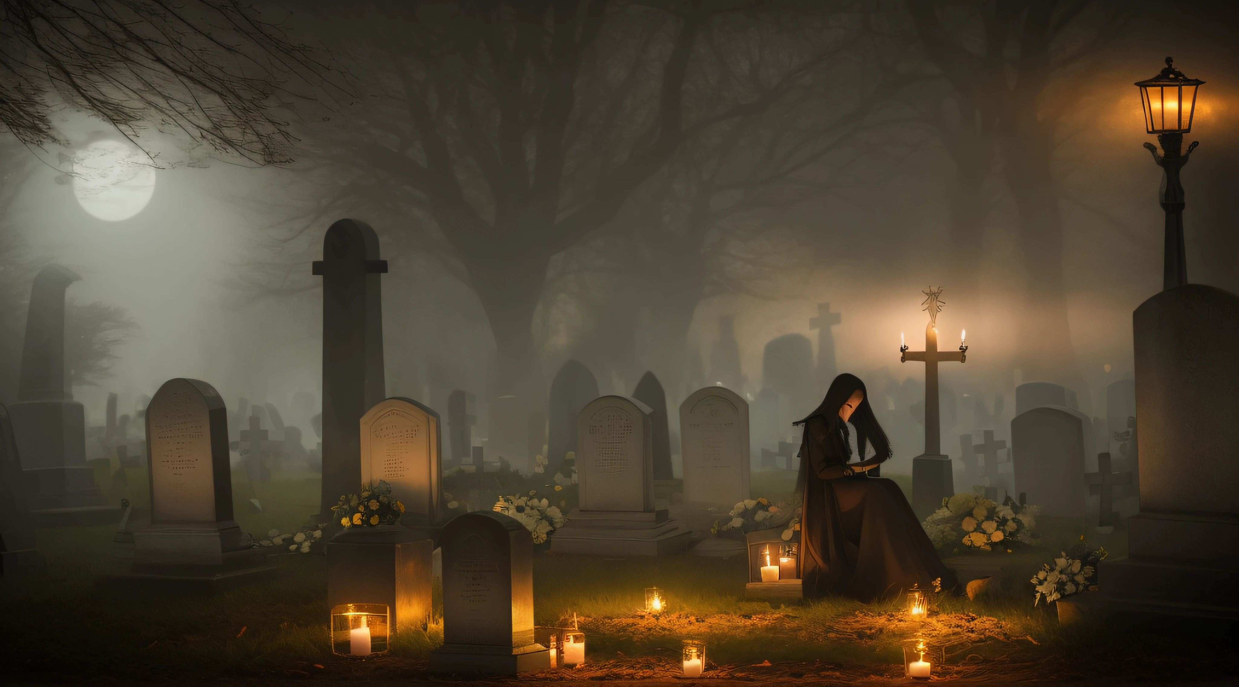Woman in a long dress standing in a cemetery with candles, Dark cemetery scene, in a graveyard, goddess of death in a graveyard, in the middle of a graveyard, atmosfera assombrosa, gorgeous with sinister vibes, brilho sinistro, sitting in a cemetery at night, atmosfera assustadora e assustadora, Dark foggy cemetery, creepy and dramatic atmosphere, humor estranho