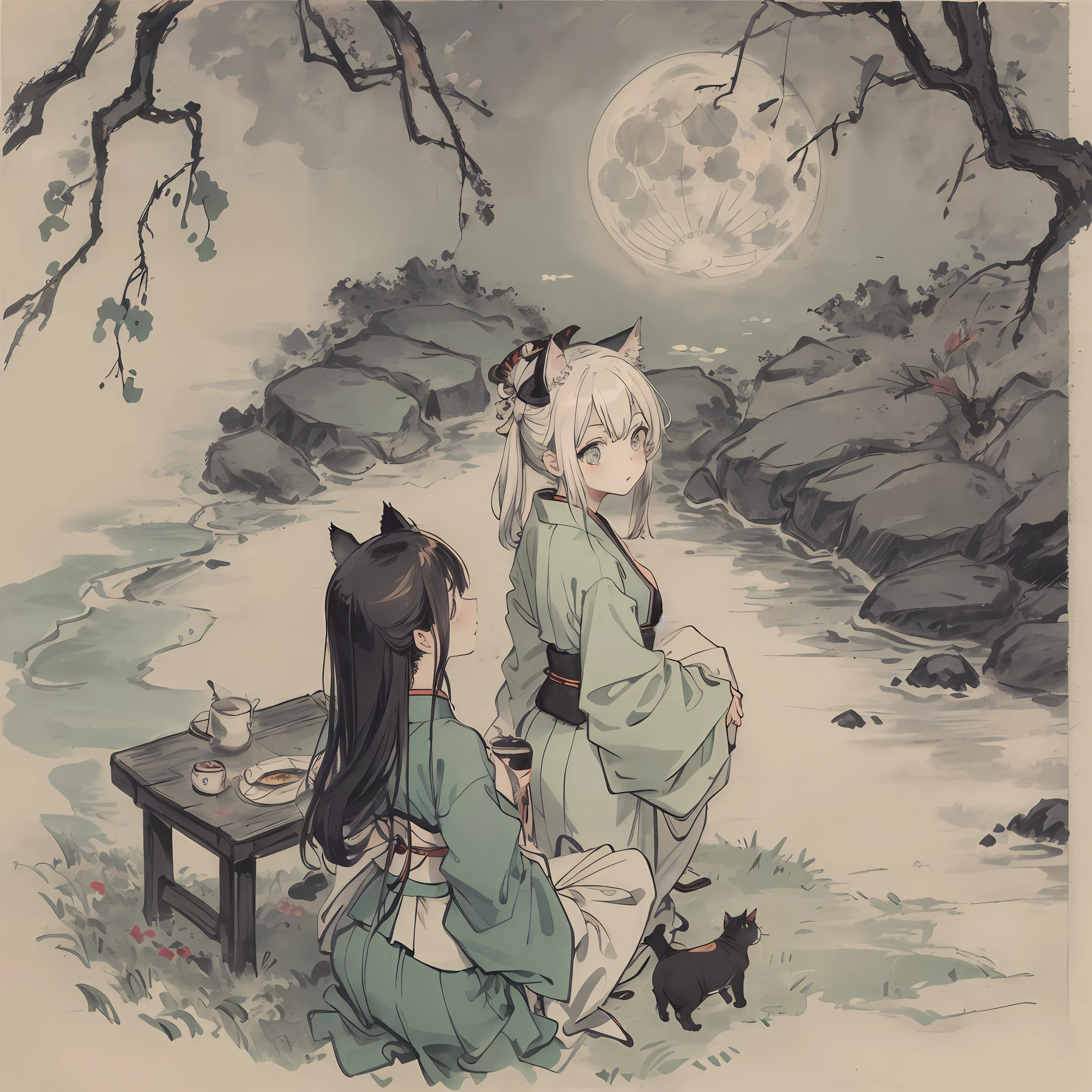 Cat,in green,Cute,Big eyes,masutepiece,fullmoon,backstreet,samurais