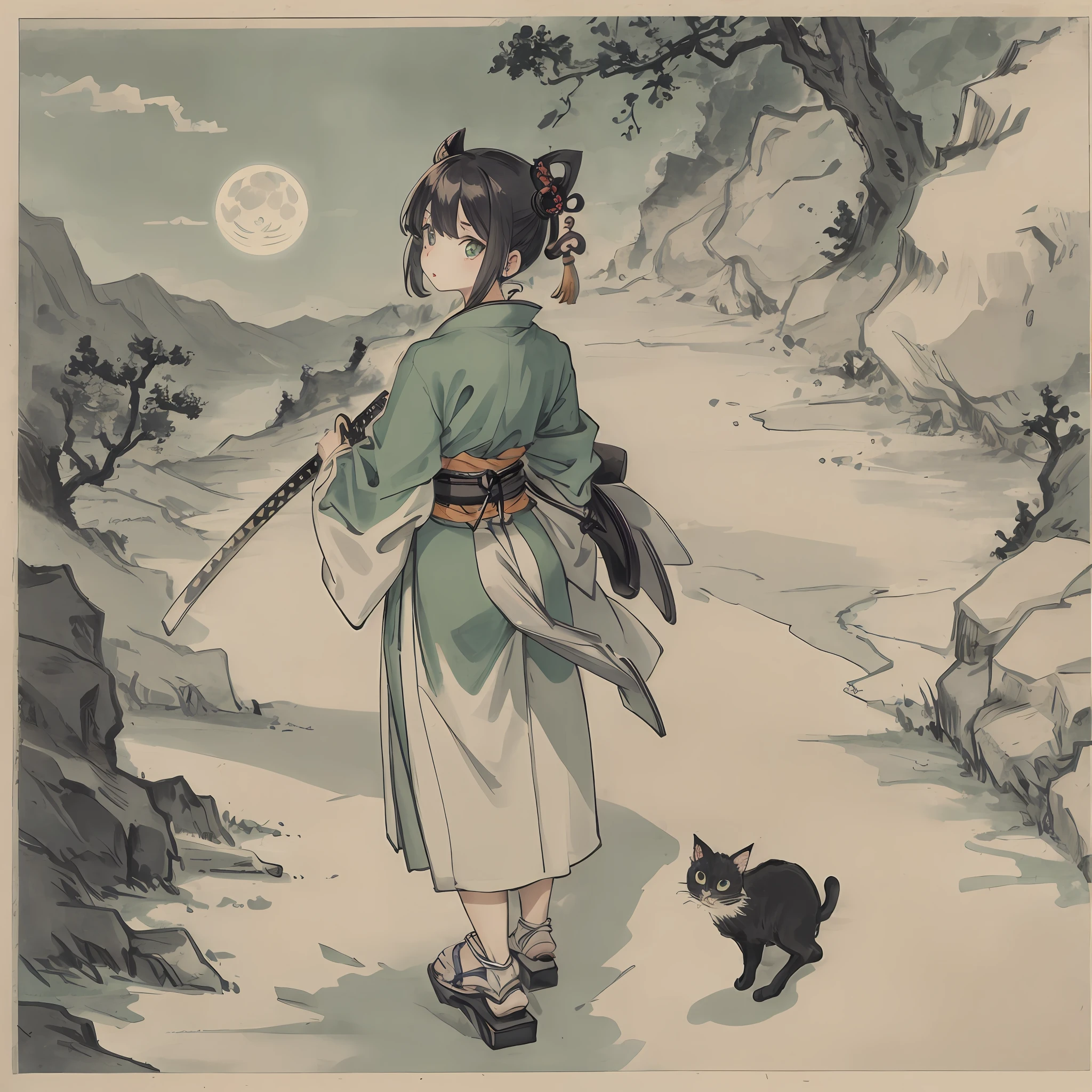 Cat,in green,Cute,Big eyes,masutepiece,fullmoon,backstreet，samurais