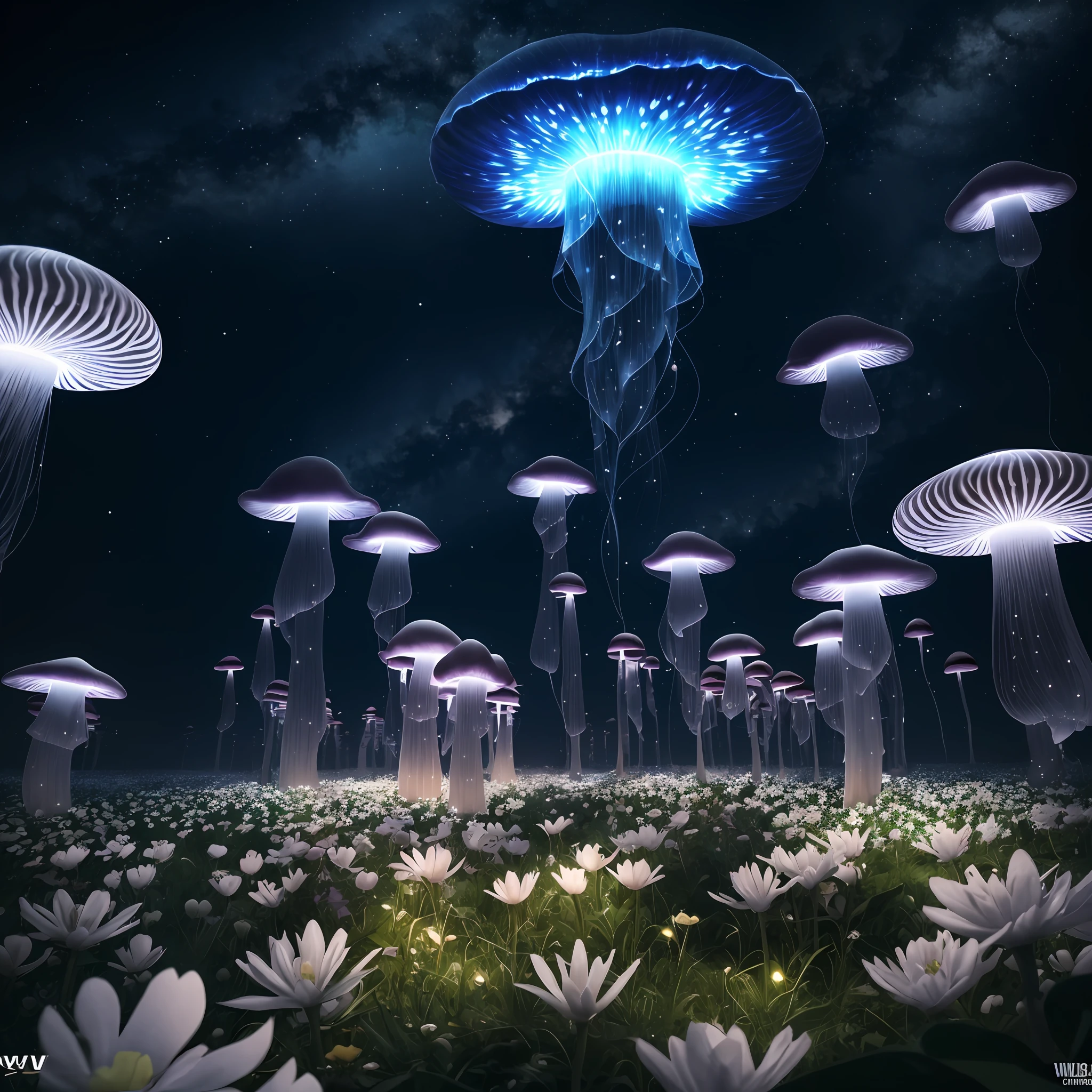 The world of mushrooms is my home. A realistic detail of a virtual glowing bioluminescent mushroom mega cities inside a floating jellyfish in the dark sea, Metropolis in the dark at night is like a spiritual journey through a forest of white flowers, cosmico, celestial, raios deus, detalhe ornamentado, cinemactic, profissional, obra-prima, encomendado, melhor qualidade, cor corrigida, fixado no post, CHV3SSciFi, CHV3SUrban, CHV3SWorld, CHV3SMacro, CHV3SDark --auto