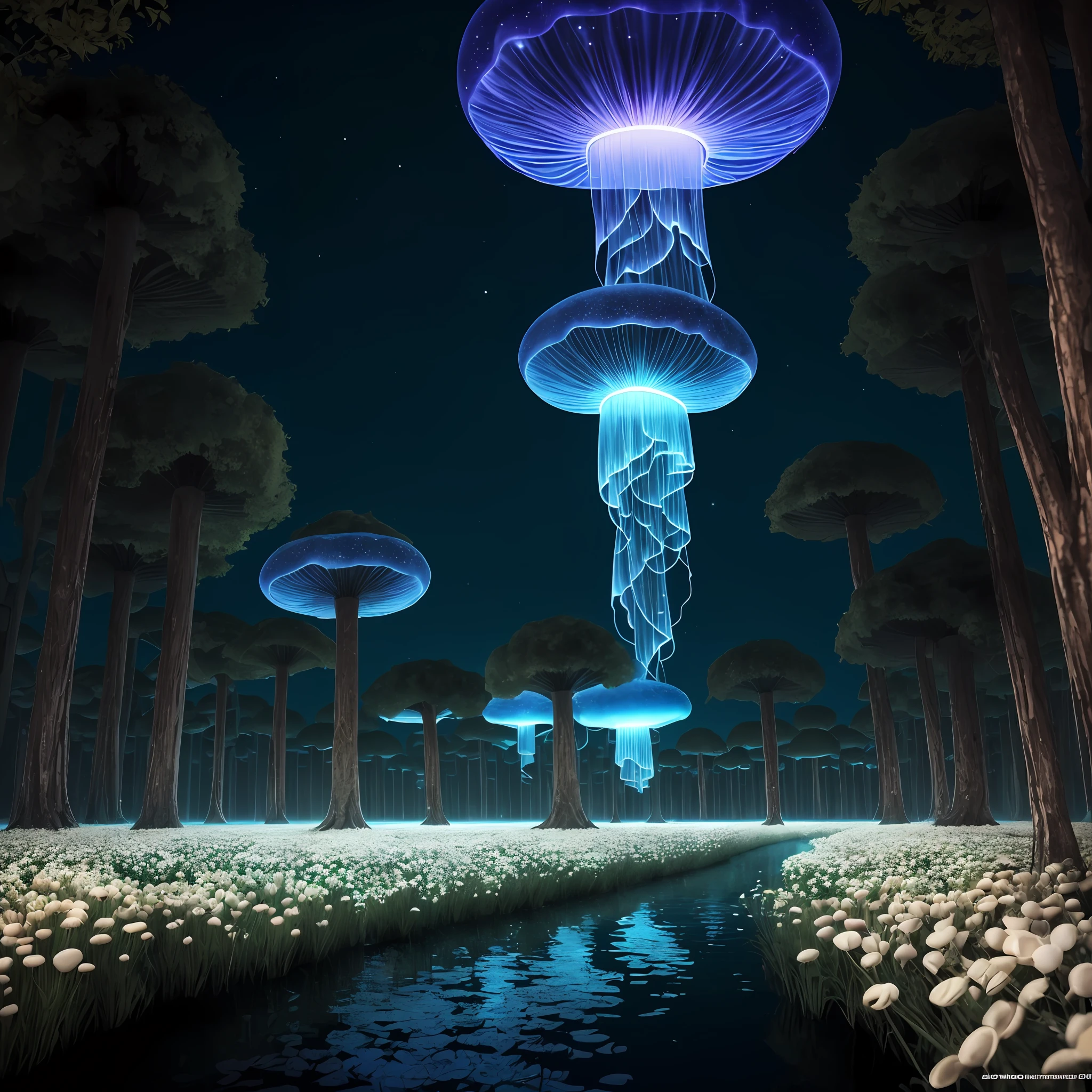 The world of mushrooms is my home. A realistic detail of a virtual glowing bioluminescent mushroom mega cities inside a floating jellyfish in the dark sea, Metropolis in the dark at night is like a spiritual journey through a forest of white flowers, cosmico, celestial, raios deus, detalhe ornamentado, cinemactic, profissional, obra-prima, encomendado, melhor qualidade, cor corrigida, fixado no post, CHV3SSciFi, CHV3SUrban, CHV3SWorld, CHV3SMacro, CHV3SDark --auto