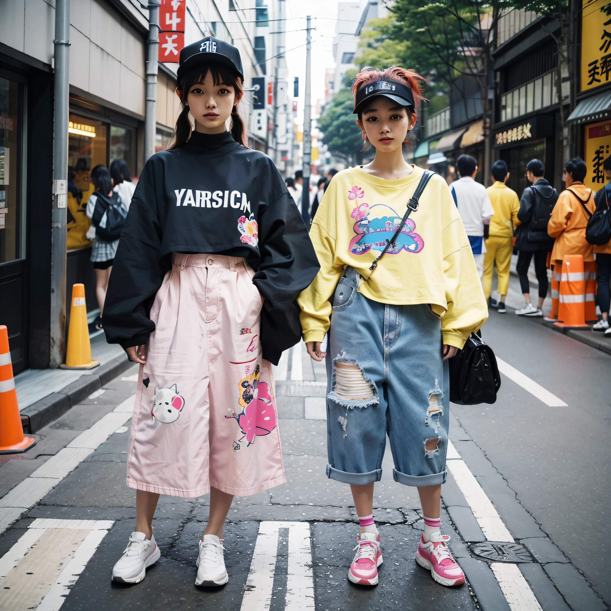 two people dressed in colorful outfits standing on a sidewalk, tokyo fashion, harajuku street fashion,colorful fashion, japanese street fashion, japanese streetwear, colorful clothing