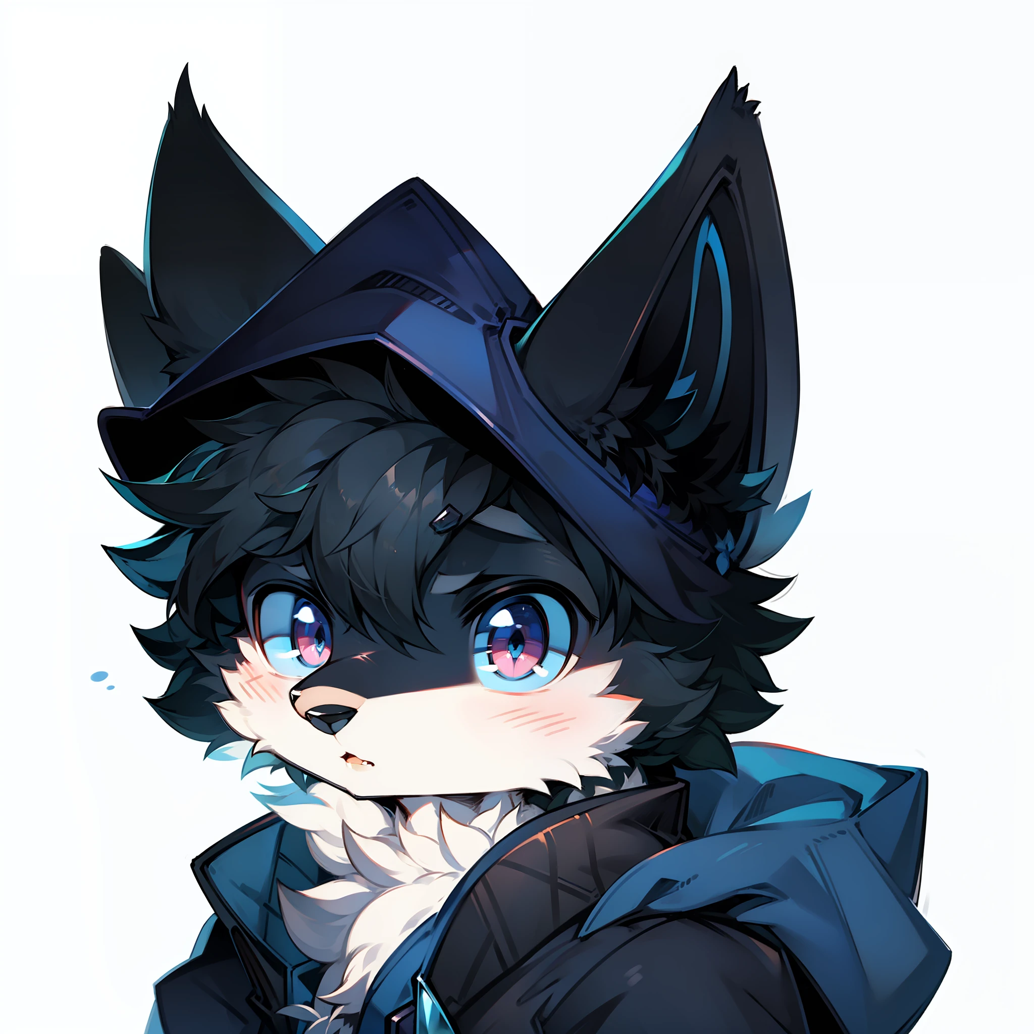 There is a painting，It is a cat wearing a hat and coat, furaffinity commission, professional furry drawing, furry furaffinity, cunning expression, commission on furaffinity, portrait of lucario, Varguyart style, anthro wolf face, halfbody headshot, an anthro wolf, dark fox mage, commission for high resolution, fursona art