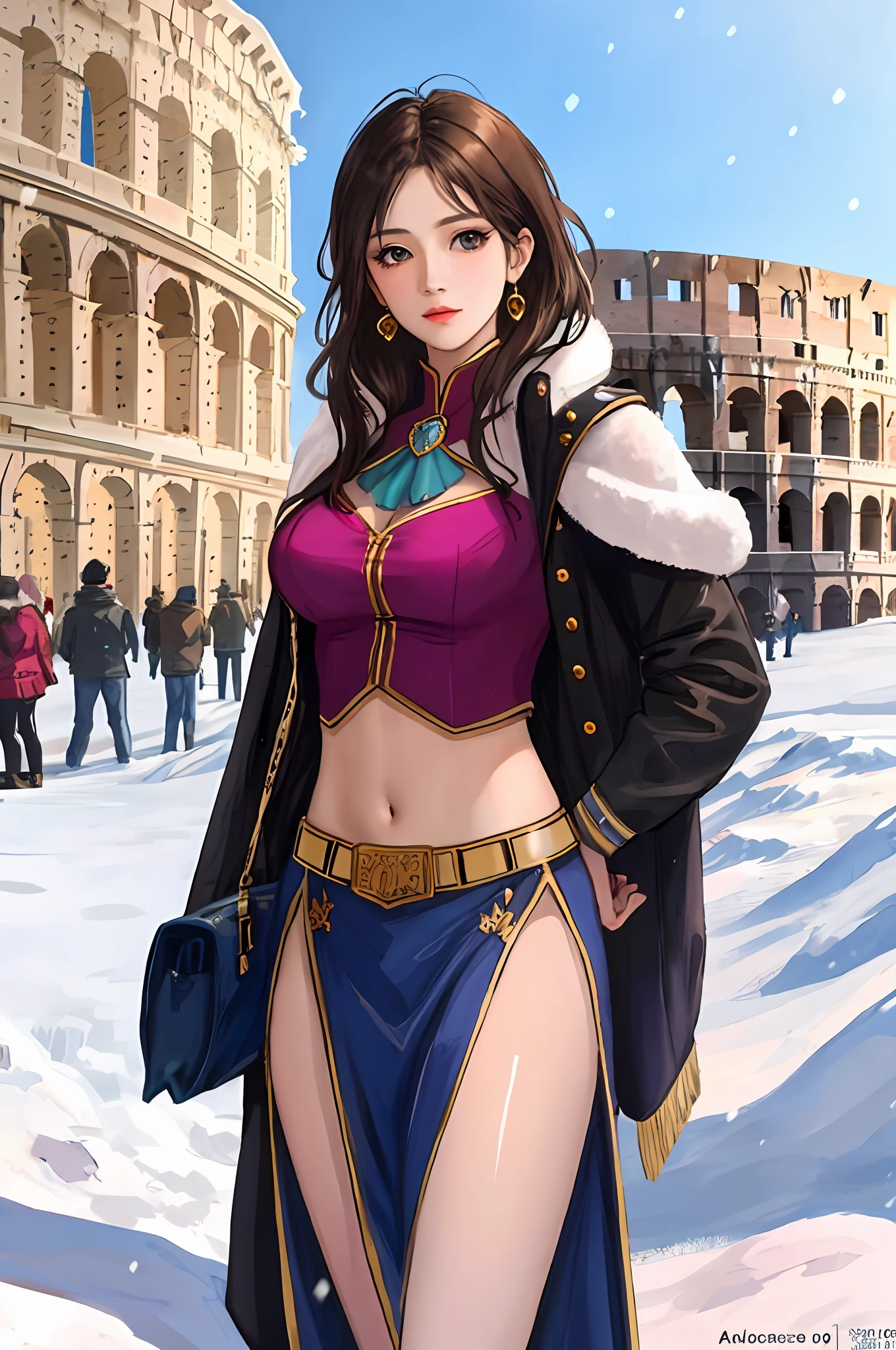 （Positive focus),2girls,duo,navel,(At the Colosseum,crowd,winter,Snowy),Surrealistic Female Portraits by David Hockney and Alphonse Mucha,Fantasy art,photograph realistic， Dynamic lighting，art  stations,poster for,Volumetriclighting,Very detailed faces,4K,Award-Awarded,Fantastic costumes,Deep shadows,low tune,cowboy lens， （official outfit：1.4）， looking at the camera in， Half-body shot，（（Realistic face））），