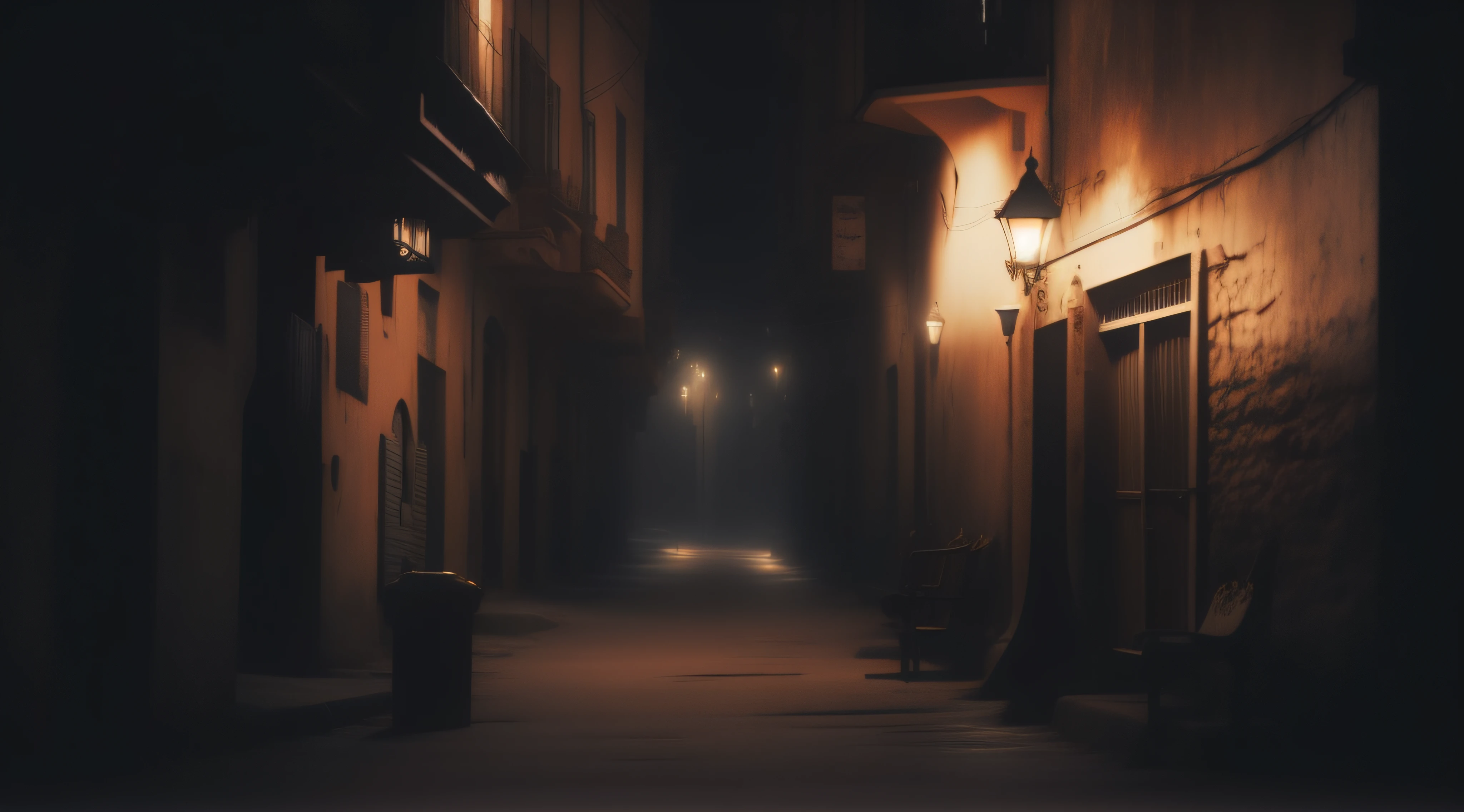 a dimly lit alley with a bench and street lighting, shady dark backalley at night, beco escuro, beco escuro, Ruas escuras e abandonadas da cidade, Rua Escura, creepy and dramatic atmosphere, Beco enevoado, em um beco escuro, ruas escuras, atmospheric cold lighting, Directed by: Adam Marczyński, Detailed and sandy atmospheric, dark cinematic atmosphere