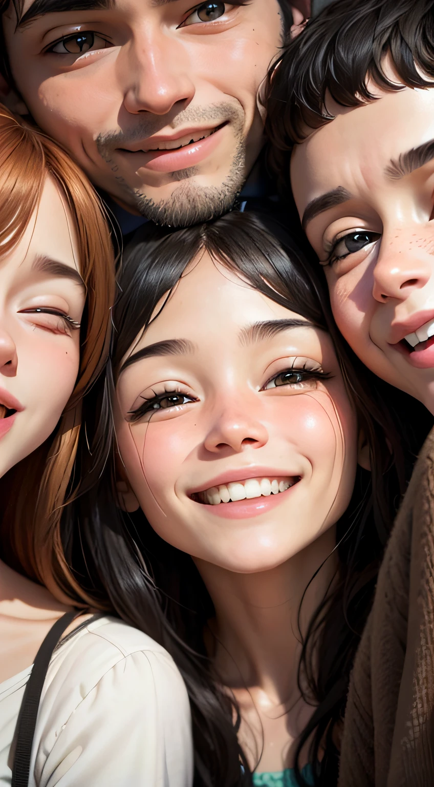 A group of people is gathered in a happy environment, compartilhando palavras de encorajamento e amor. The realism of facial expressions conveys authentic emotions. There are warm smiles and empathetic looks, emphasizing the importance of the words being exchanged. --auto
