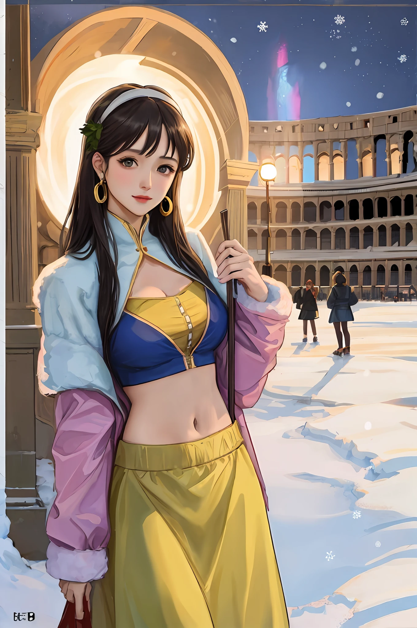 （Positive focus),2girls,duo,navel,(At the Colosseum,crowd,winter,Snowy),Surrealistic Female Portraits by David Hockney and Alphonse Mucha,Fantasy art,photograph realistic， Dynamic lighting，art  stations,poster for,Volumetriclighting,Very detailed faces,4K,Award-Awarded,Fantastic costumes,Deep shadows,low tune,cowboy lens， （official outfit：1.4）， looking at the camera in， Half-body shot，（（Realistic face））），