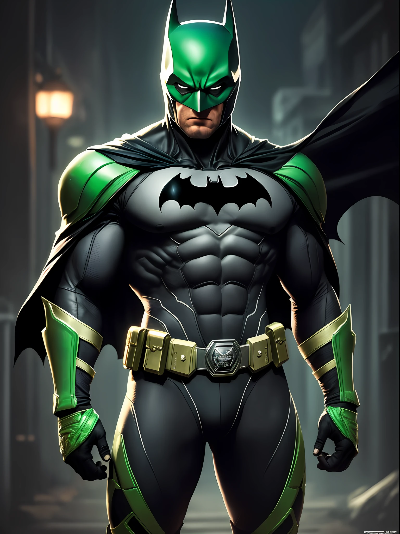 Batman,macho, tall, hunk, muscular, black and neon green suit, small neon green details on all parts of the suit, best quality, masterpiece, long black cape, short ears on the helmet, green eyes, no pupils, serious face, ultra detailed suit, detailed face, powerful pose, best quality, high resolution:1.2, dark grey ultility belt, night, dark atmosphere, flowing cape, award winning, shadow, volumetric lighting