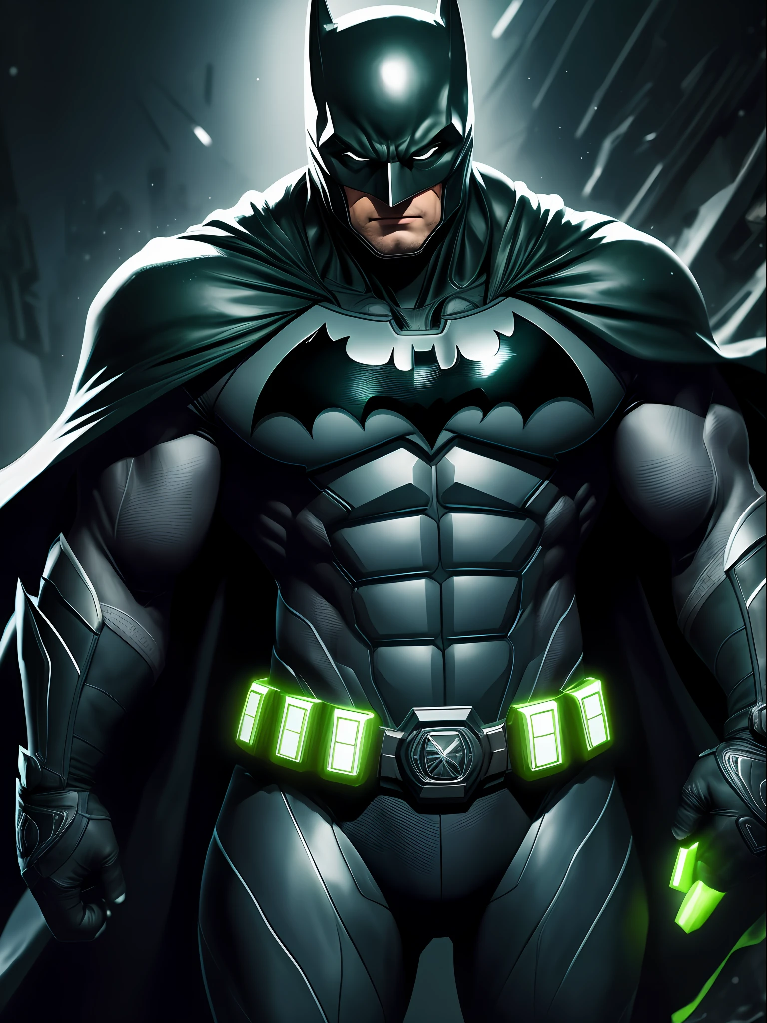 Batman,macho, tall, hunk, muscular, black and neon green suit,  small neon green details on all parts of the suit, best quality, masterpiece, long black cape, short ears on the helmet, green eyes, no pupils, serious face, ultra detailed suit, detailed face, powerful pose,  best quality, high resolution:1.2, dark grey ultility belt, night, dark atmosphere, flowing cape, award winning, shadow, volumetric lighting