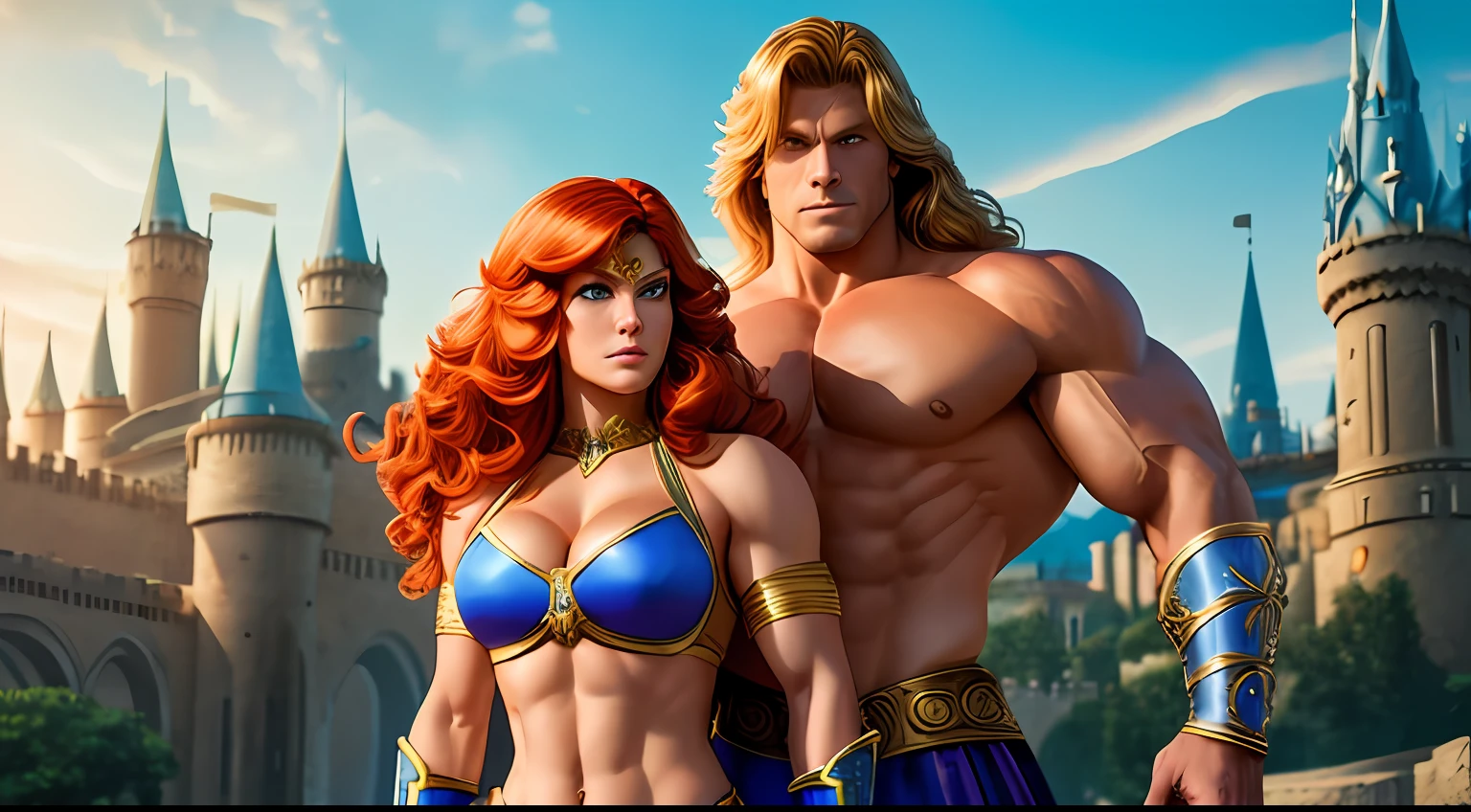 depth of field, photorealistic, 4k, high detailed , 2 full body people in frame ( a man and woman, in focus), he-man, (detailed handsome face and wavy blonde hair, large thick muscles, strong jaw, defined eyes, defined mouth, defined nose, strong muscular neck), standing next to teela (a beautiful woman with red hair, athletic and sexy body), standing in eternia holding magic swords, magical sky, tall fantasy buildings in the background, castle greyskull