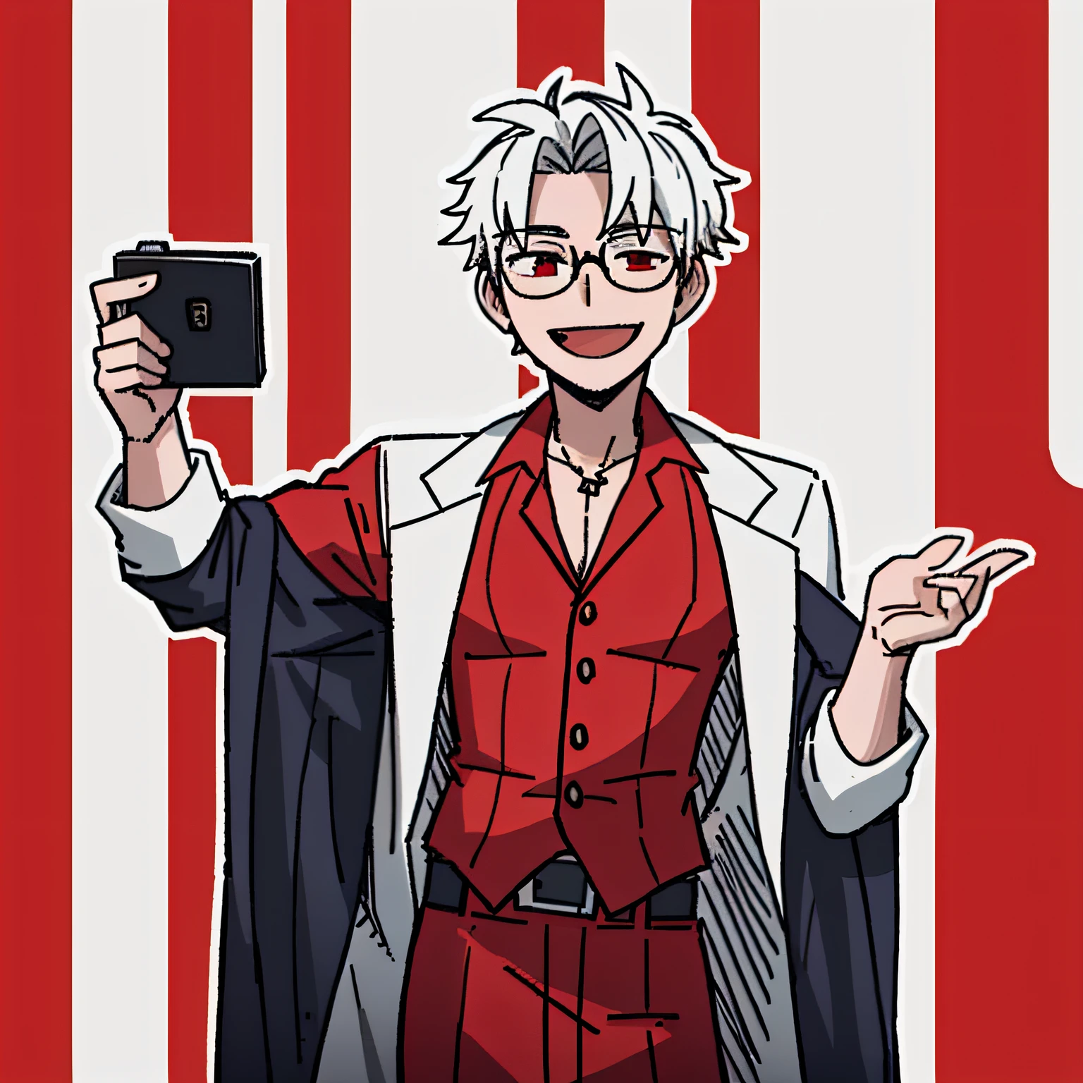 But it's better to generate the following: 18-year-old dude in a medical gown with red lab glasses, Underneath the robe, a red-checkered shirt, posing for a photo shoot