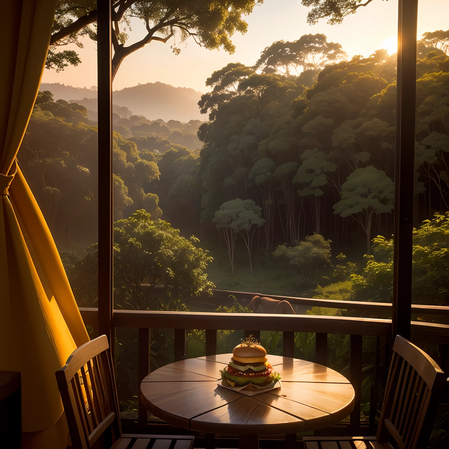 A burger restaurant in the middle of the African jungle, surrounded by majestic giraffes and tall trees, The scene is shrouded in a golden light of the sunset, The restaurant has a rustic architecture with natural materials and elements that combine with the surrounding nature, as girafas parecem estar em paz e harmonia com o ambiente, escultura realista, --ar 1:1 --v 5 --auto