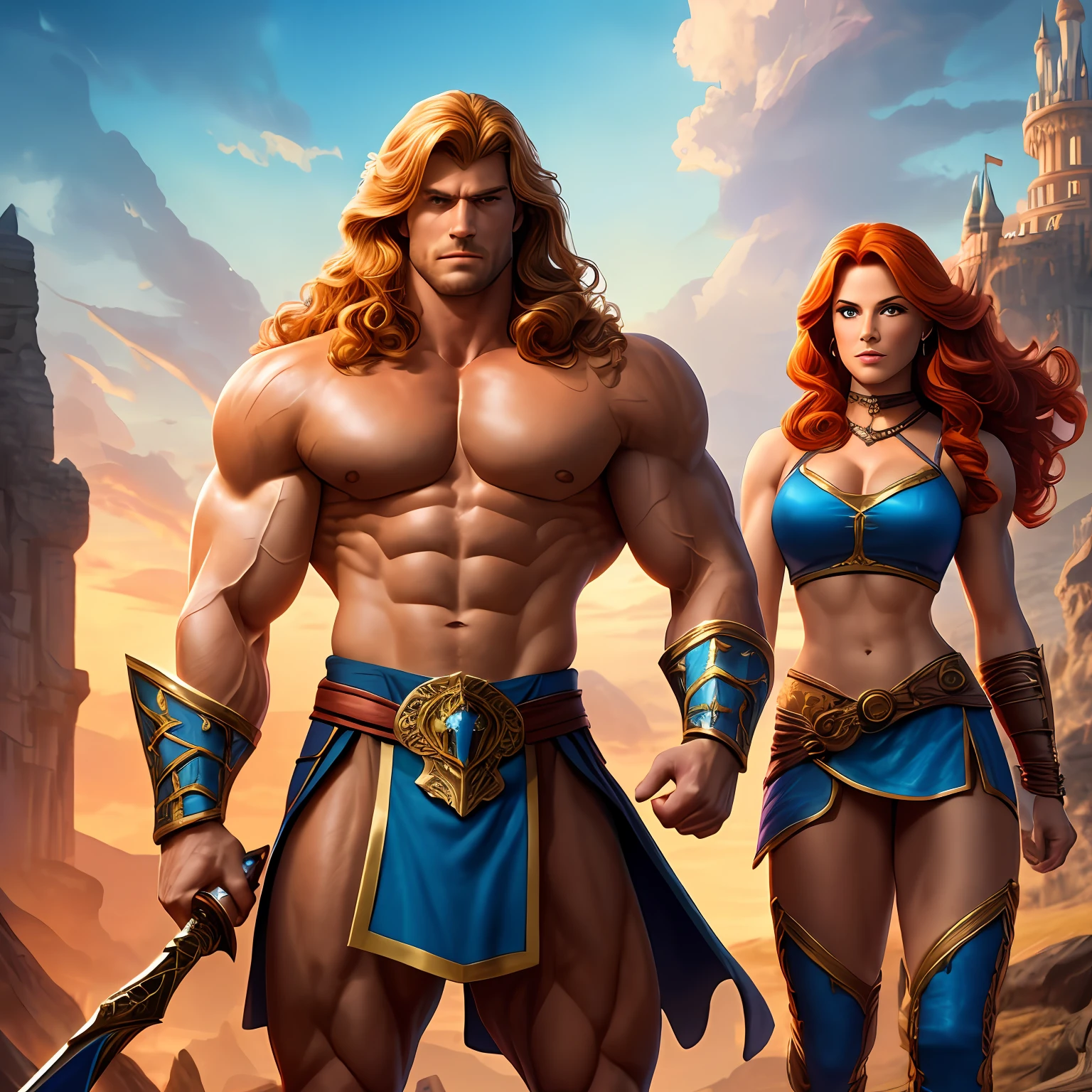 depth of field, photorealistic, 4k, high detailed , 2 full body people in frame ( a man and woman, in focus), he-man, (detailed handsome face and wavy blonde hair, large thick muscles, strong jaw, defined eyes, defined mouth, defined nose, strong muscular neck), standing next to teela (a beautiful woman with red hair, athletic and sexy body), standing in eternia holding magic swords, magical sky, tall fantasy buildings in the background, castle greyskull